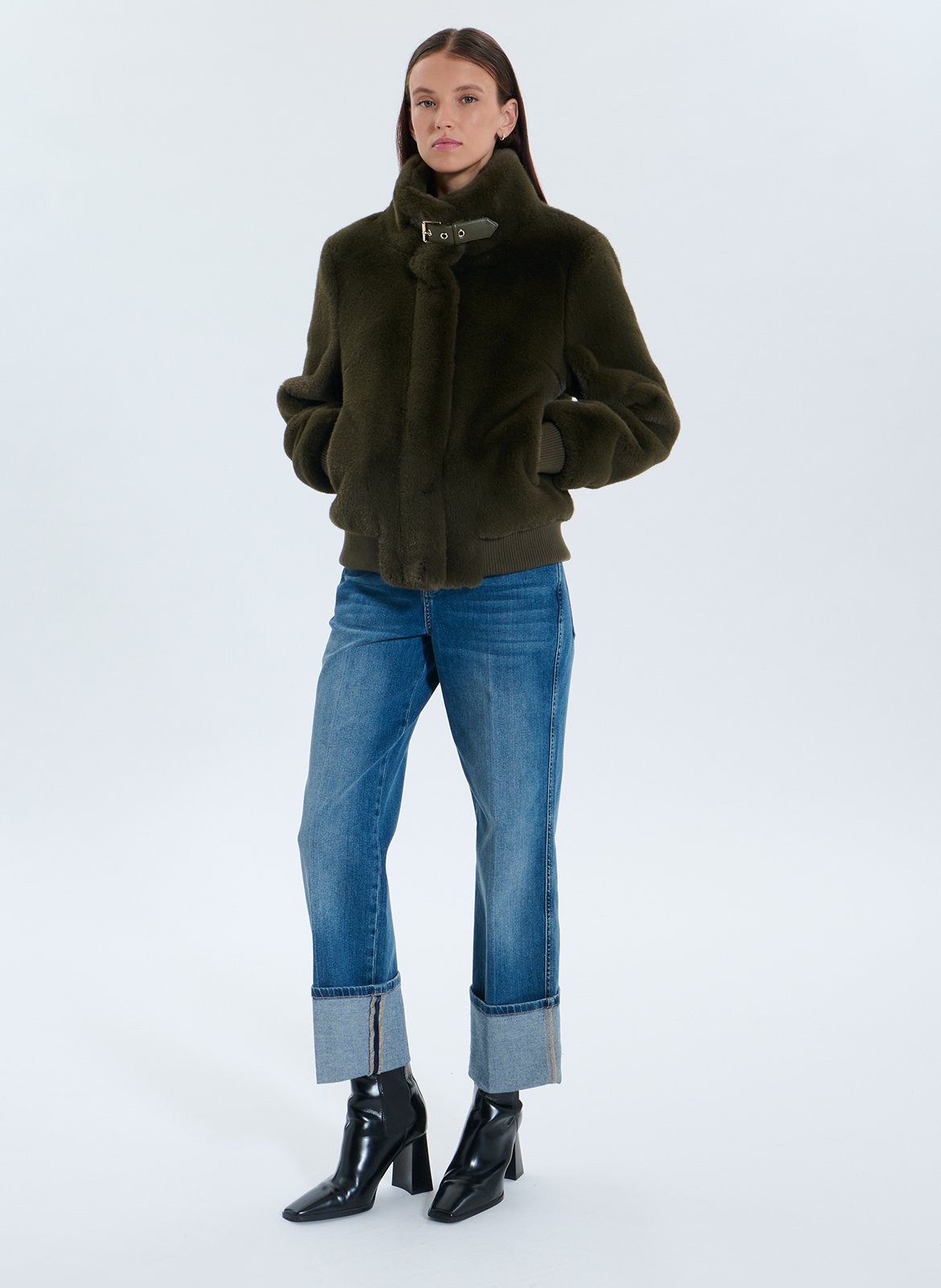 High-neck faux fur jacket ZAPA Khaki