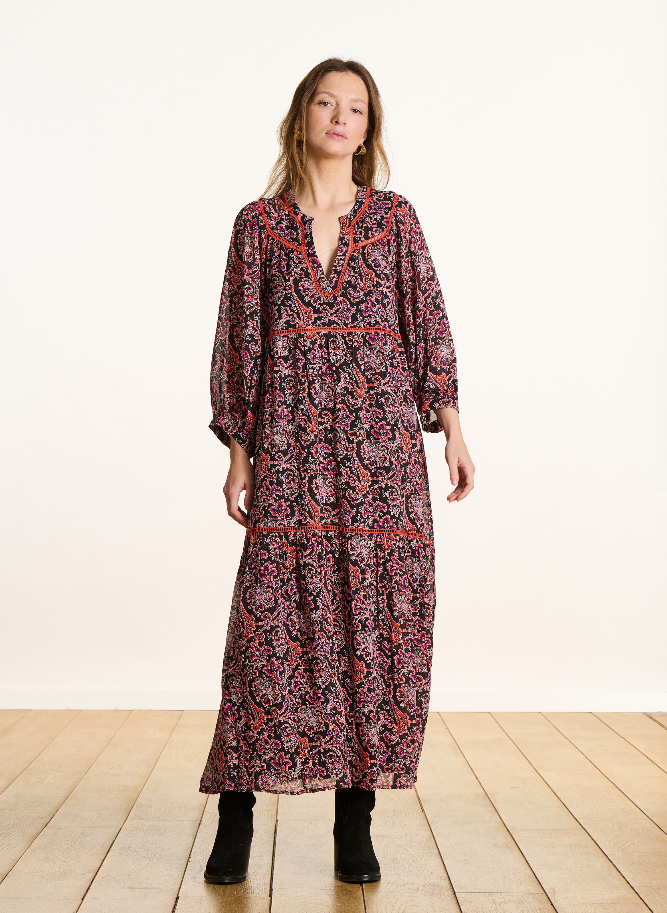 Long printed dress with Tunisian collar LA FEE MARABOUTEE Multicolored