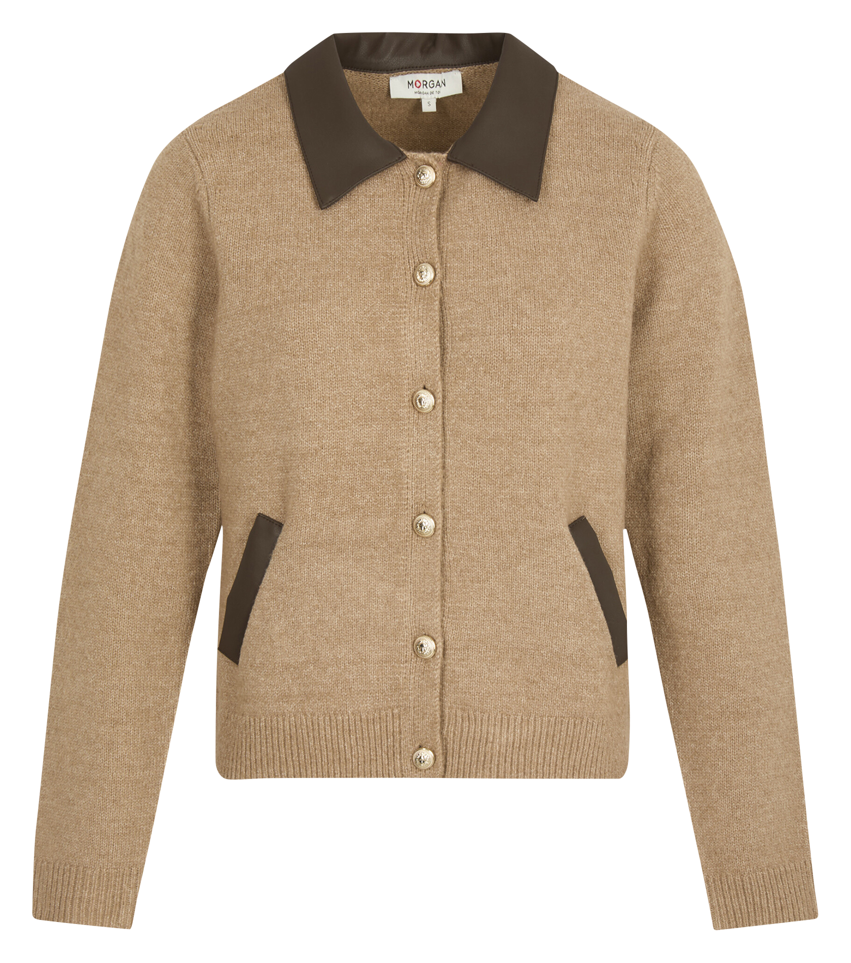 <Cardigan solid buttoned classic collar</cardigan> MORGAN Brown