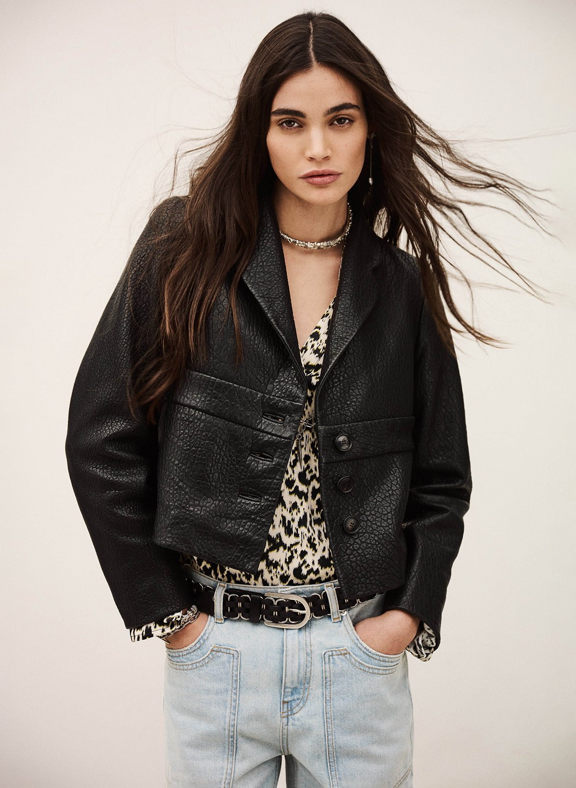 Recht, leren jasje met reverskraag BA&SH Zwart