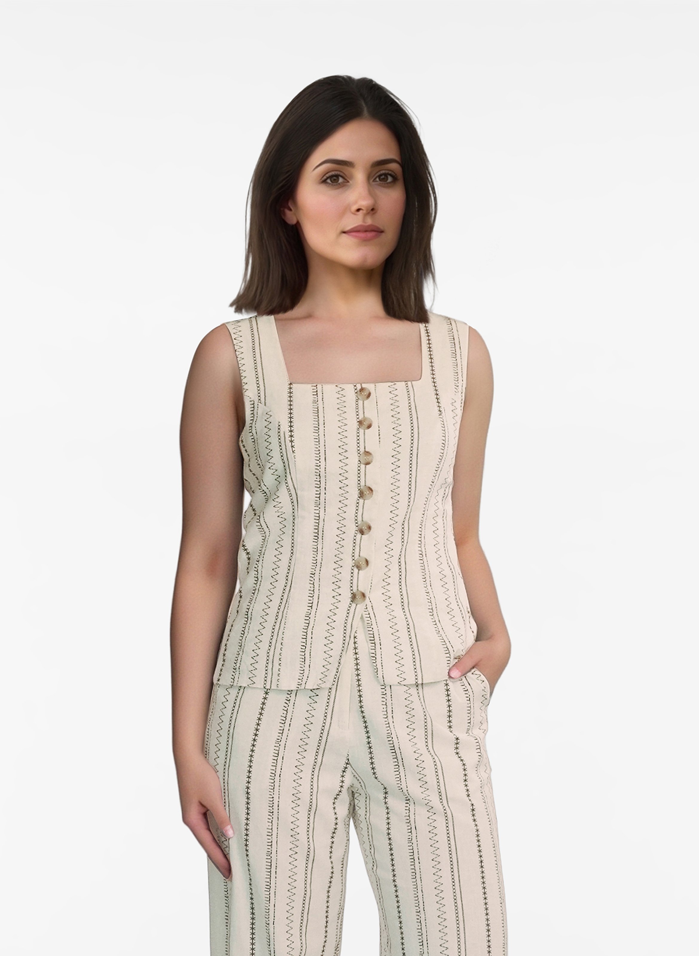 Taillierte Weste aus Baumwolle und Leinen mit Streifen VILA Beige