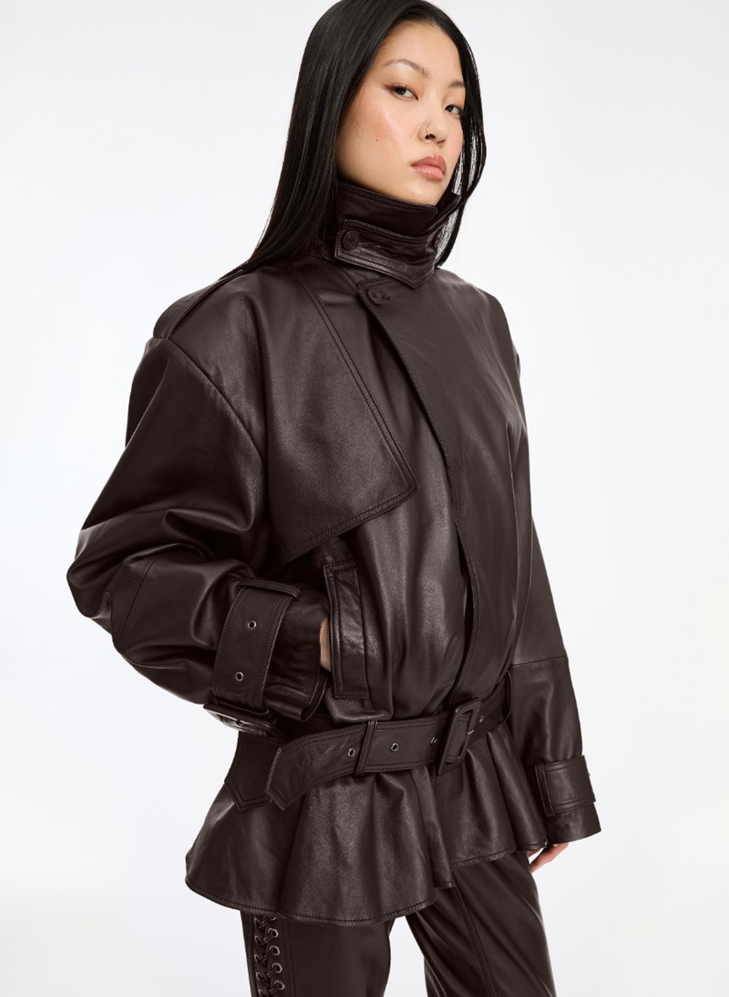 Oversized leather jacket with ruffles ROTATE Brown