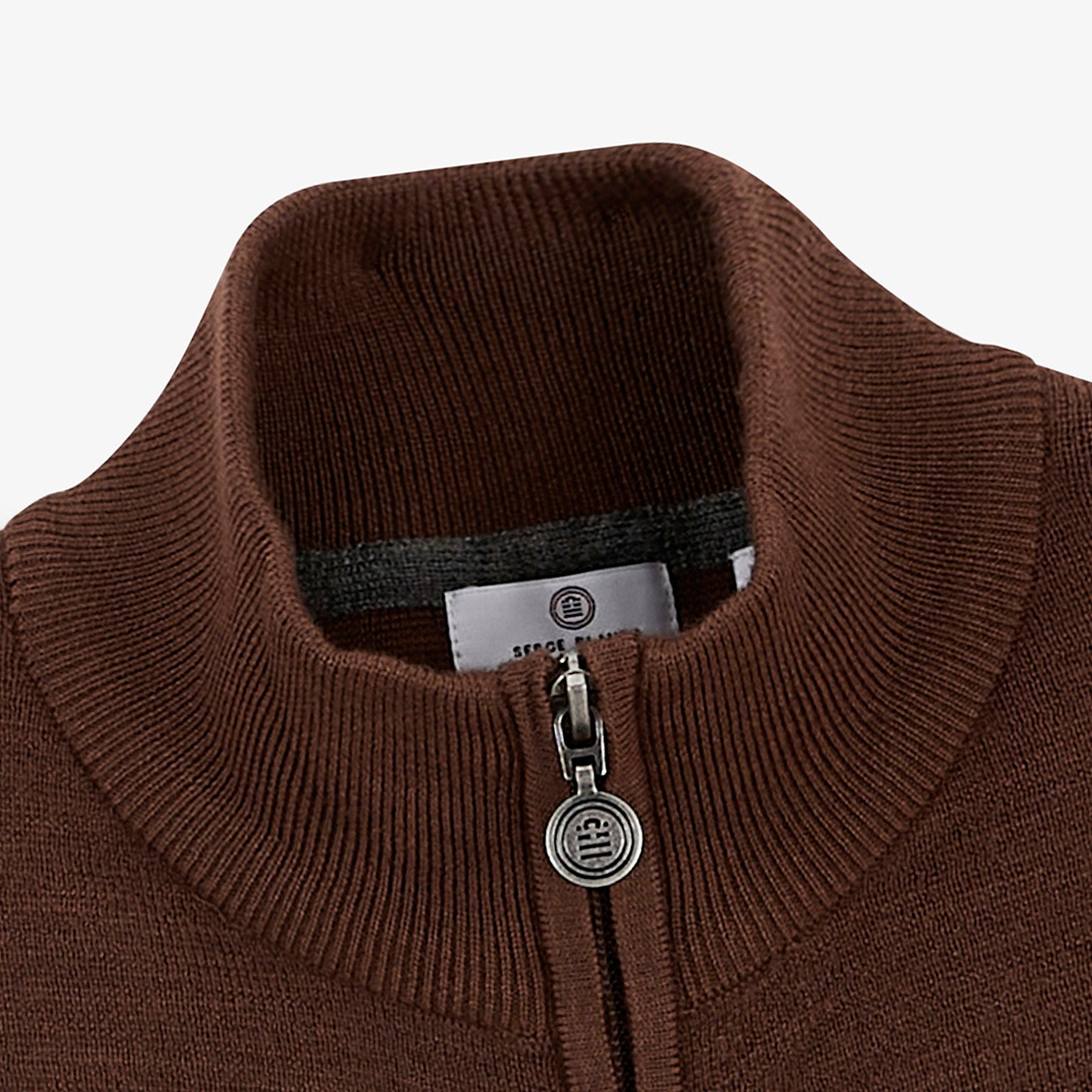 MALONE Brownie Brown Wool Knit Zip-Up Cardigan SERGE BLANCO Brown
