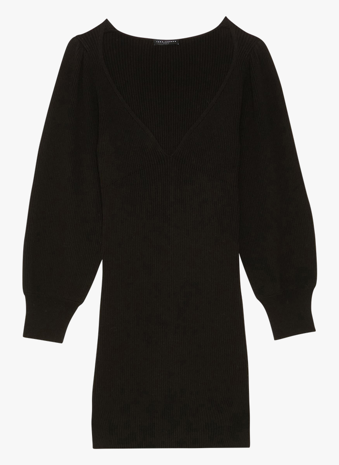 TARA JARMON Robe pull courte col V en laine mélangée  | Noir