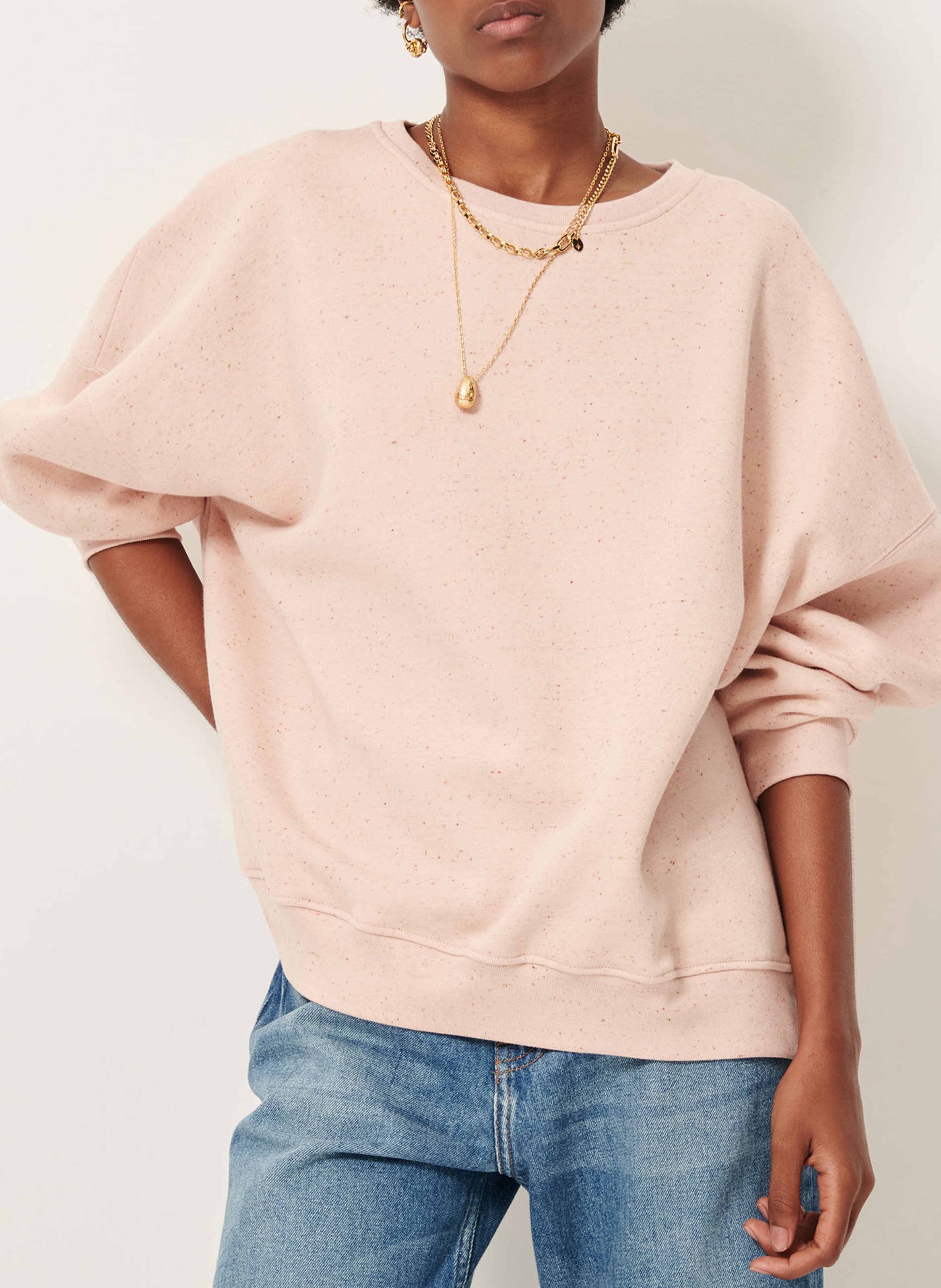 Loose-fit round-neck flecked organic cotton-blend sweater SESSUN Pink