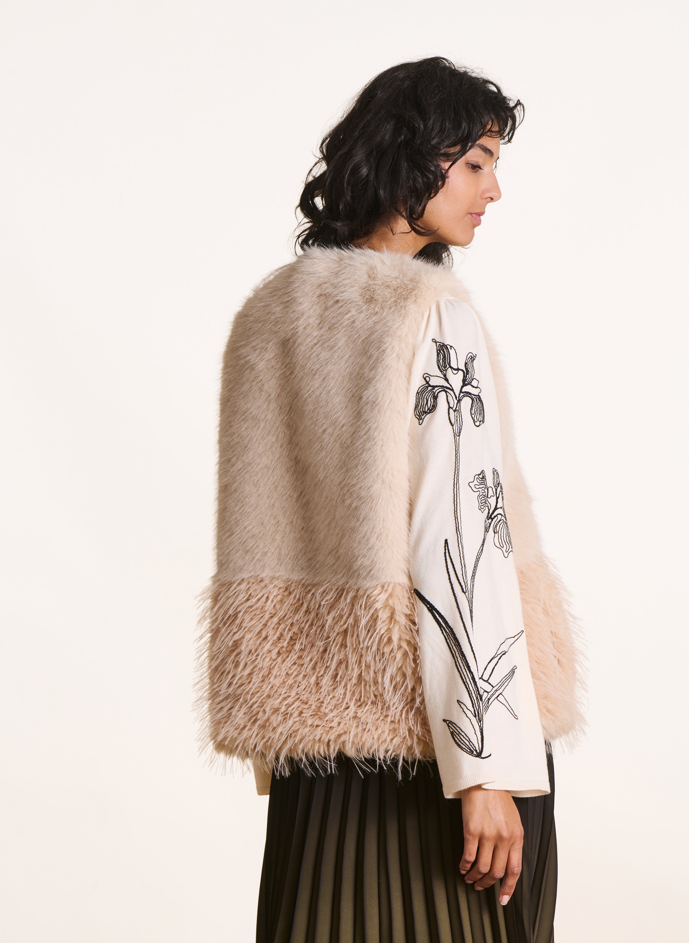 Faux fur jacket with round neck LA FEE MARABOUTEE White
