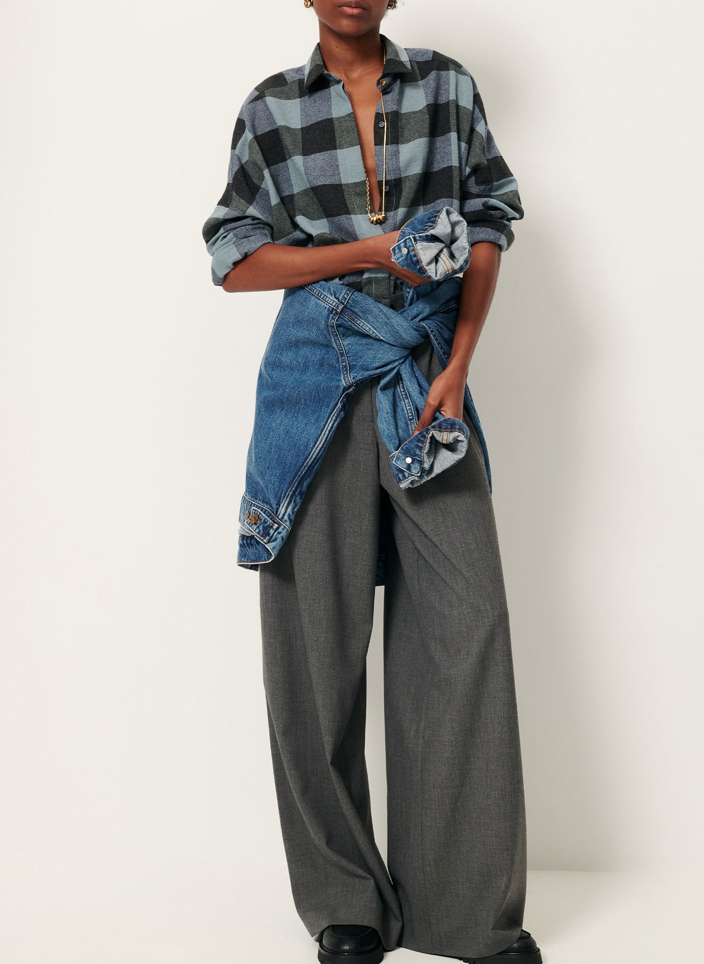 Oversized classic collar shirt in printed wool blend SESSUN Blue