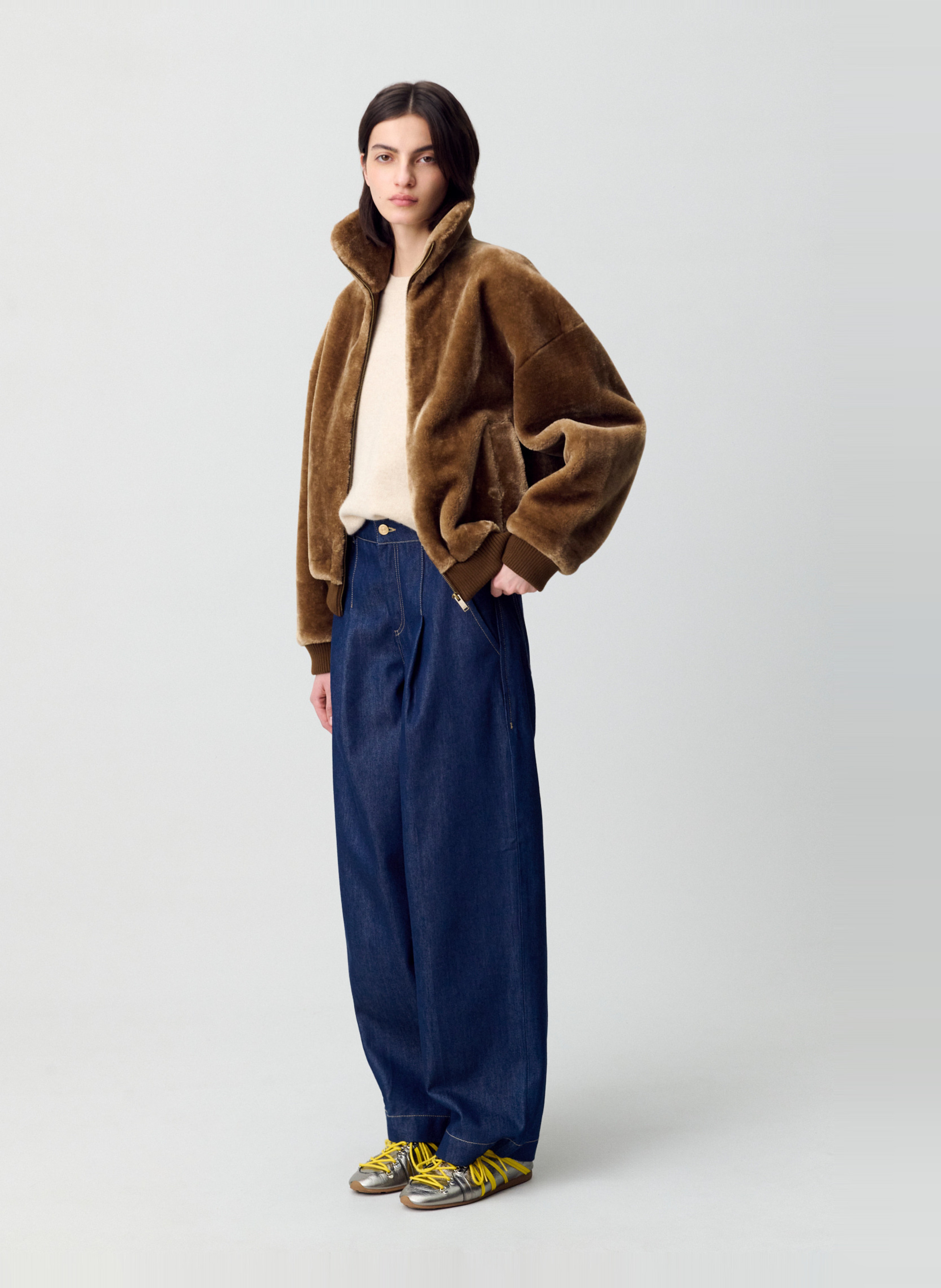 Veste droite col montant en fourrure synthétique CLAUDIE PIERLOT Marron