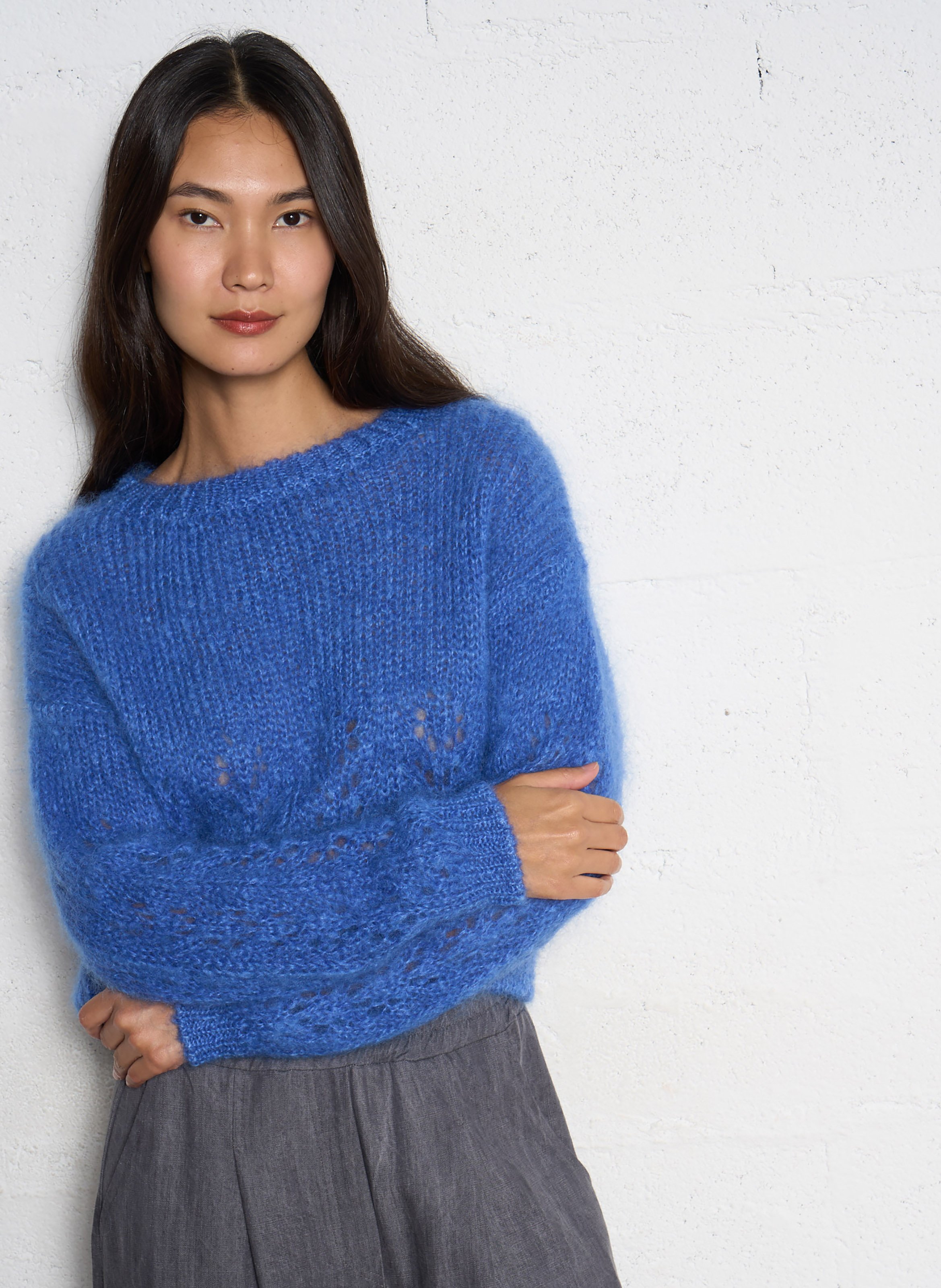 Pull col rond en mohair mélangé TINSELS Bleu