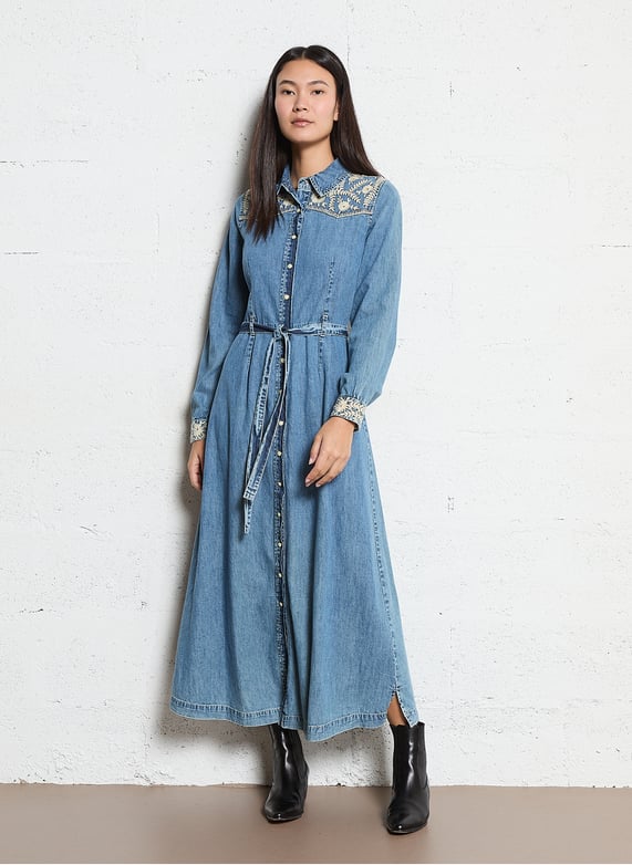 Long denim dress with embroidered belt - XS Long denim dress with embroidered belt - XS
