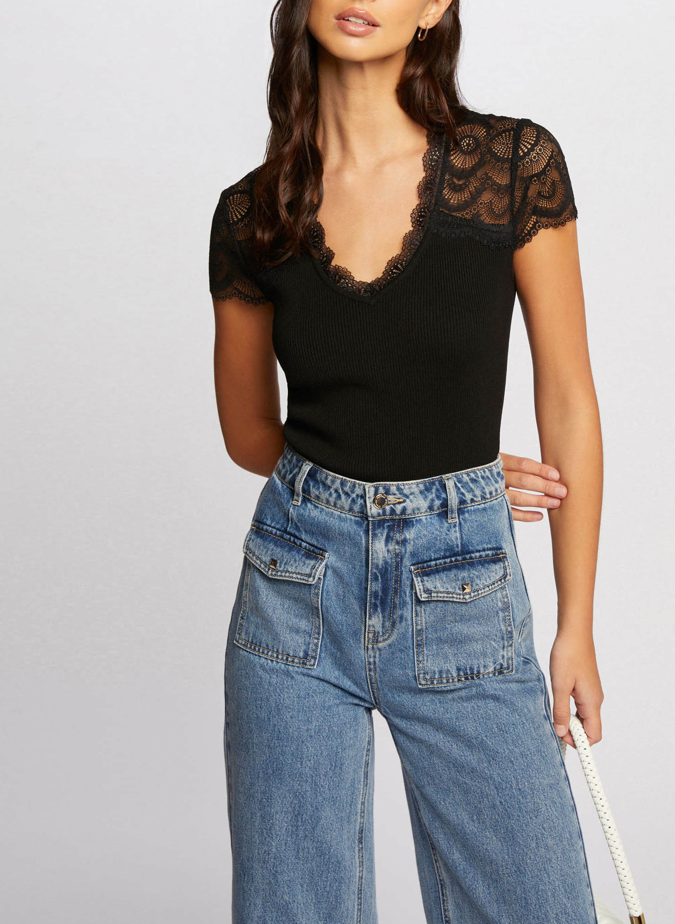 Tee-shirt col V en dentelle  MORGAN Noir