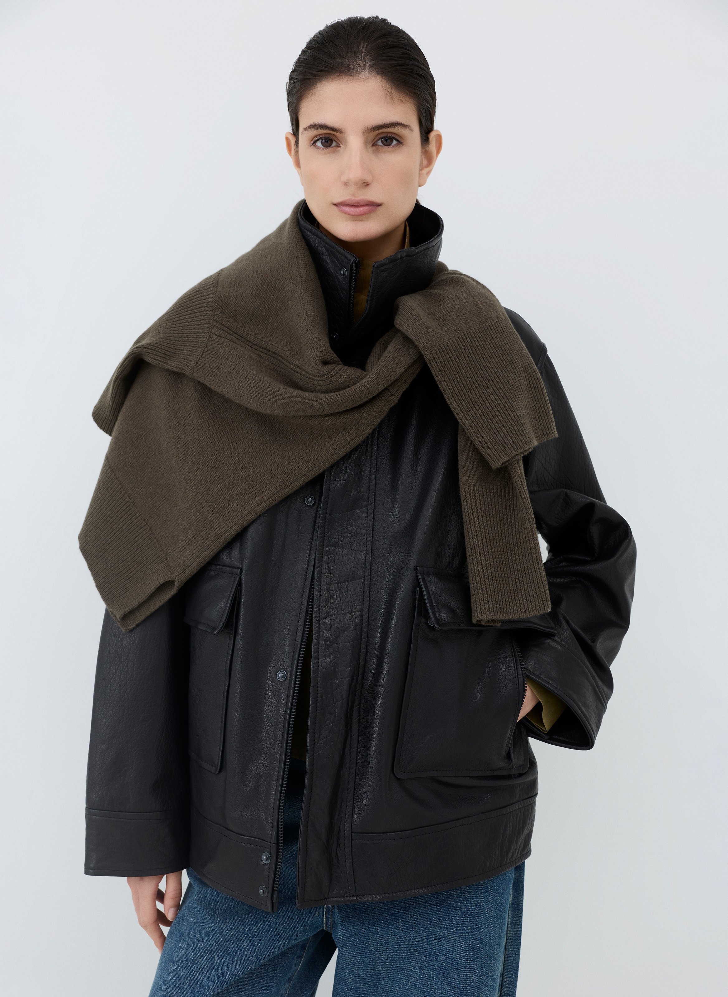 Blouson ample col montant en cuir ROUGE EDIT Gris