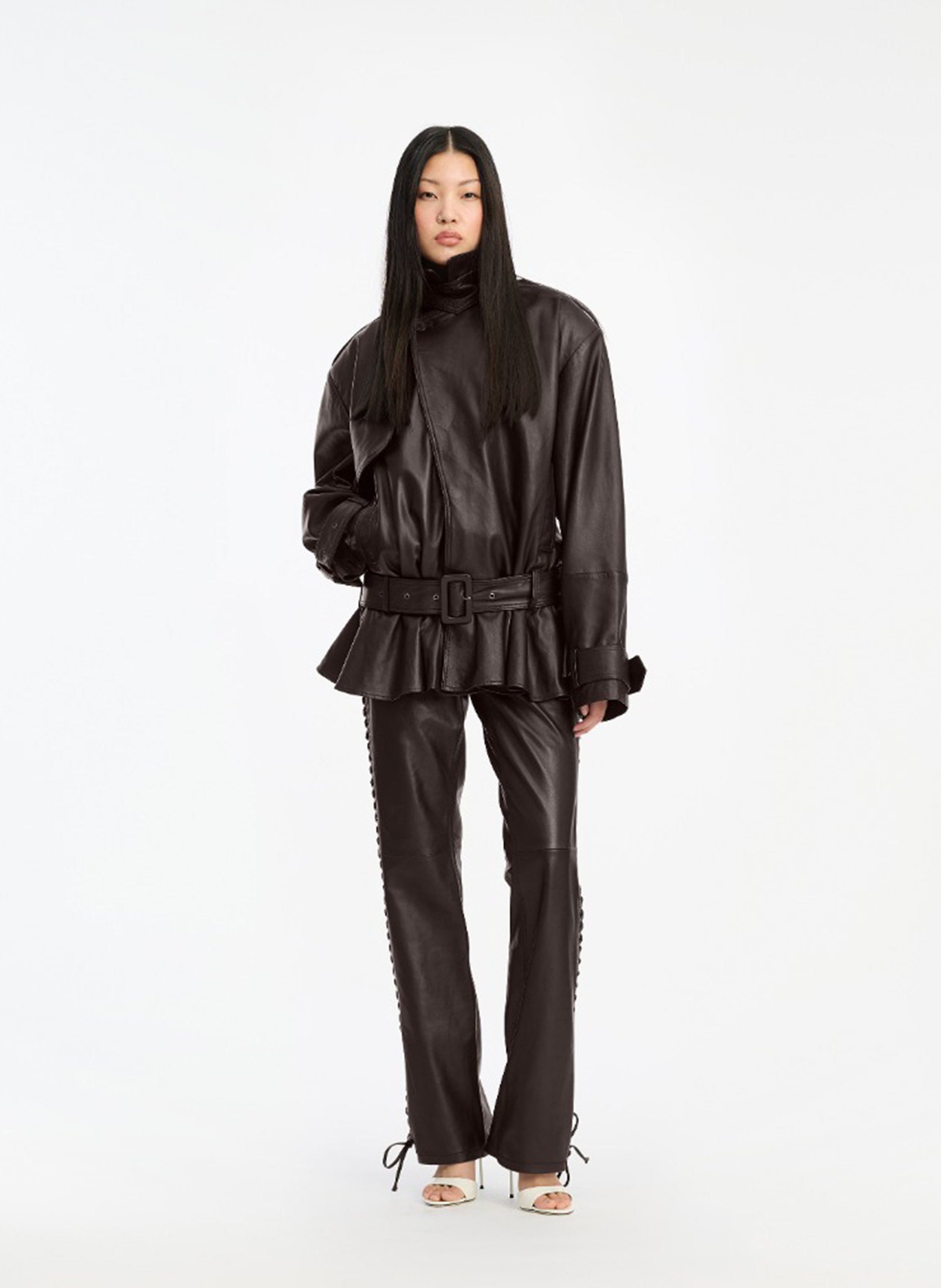 Oversized leather jacket with ruffles ROTATE Brown