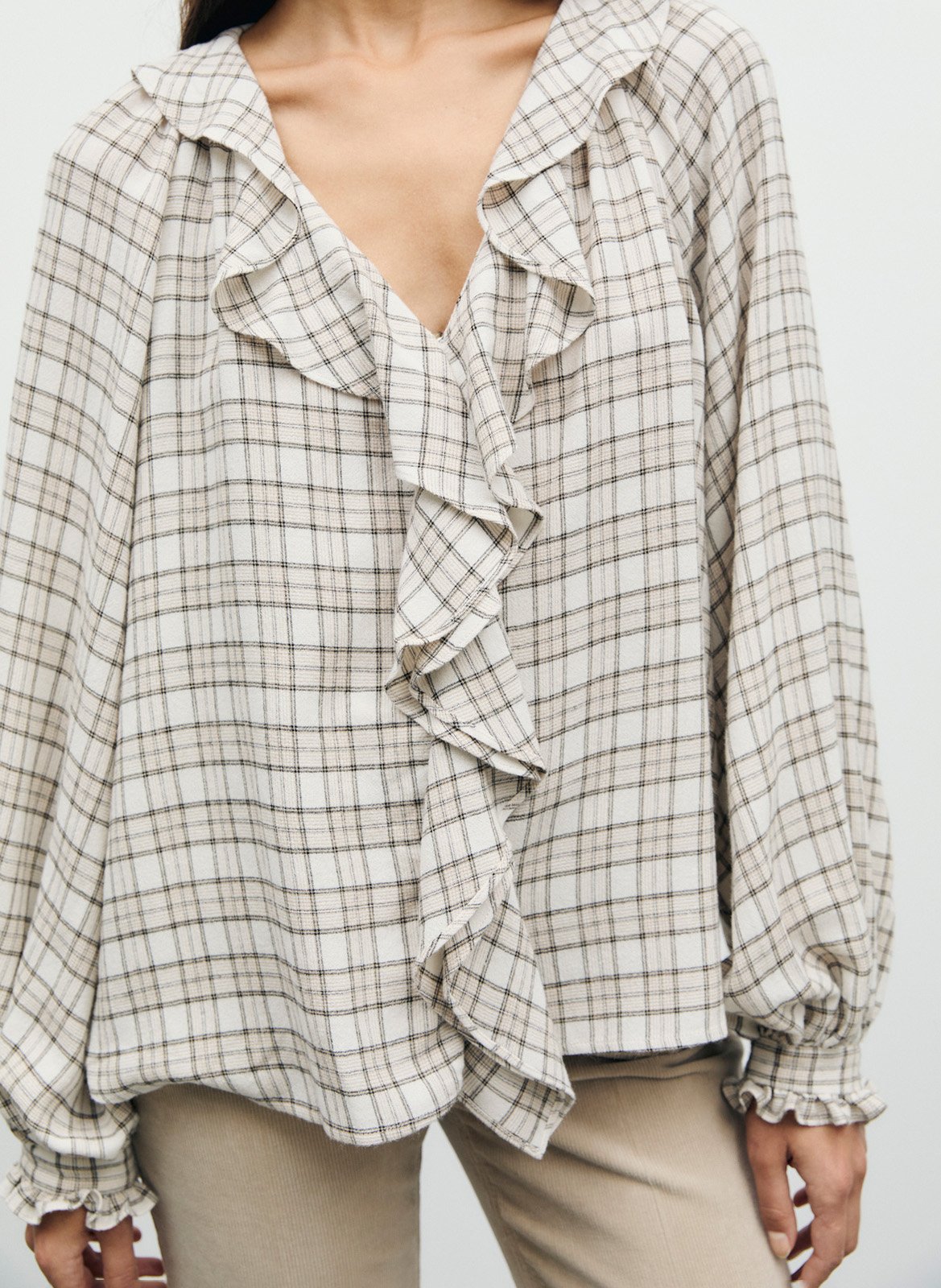 V-neck checked shirt with ruffles GERARD DAREL Beige