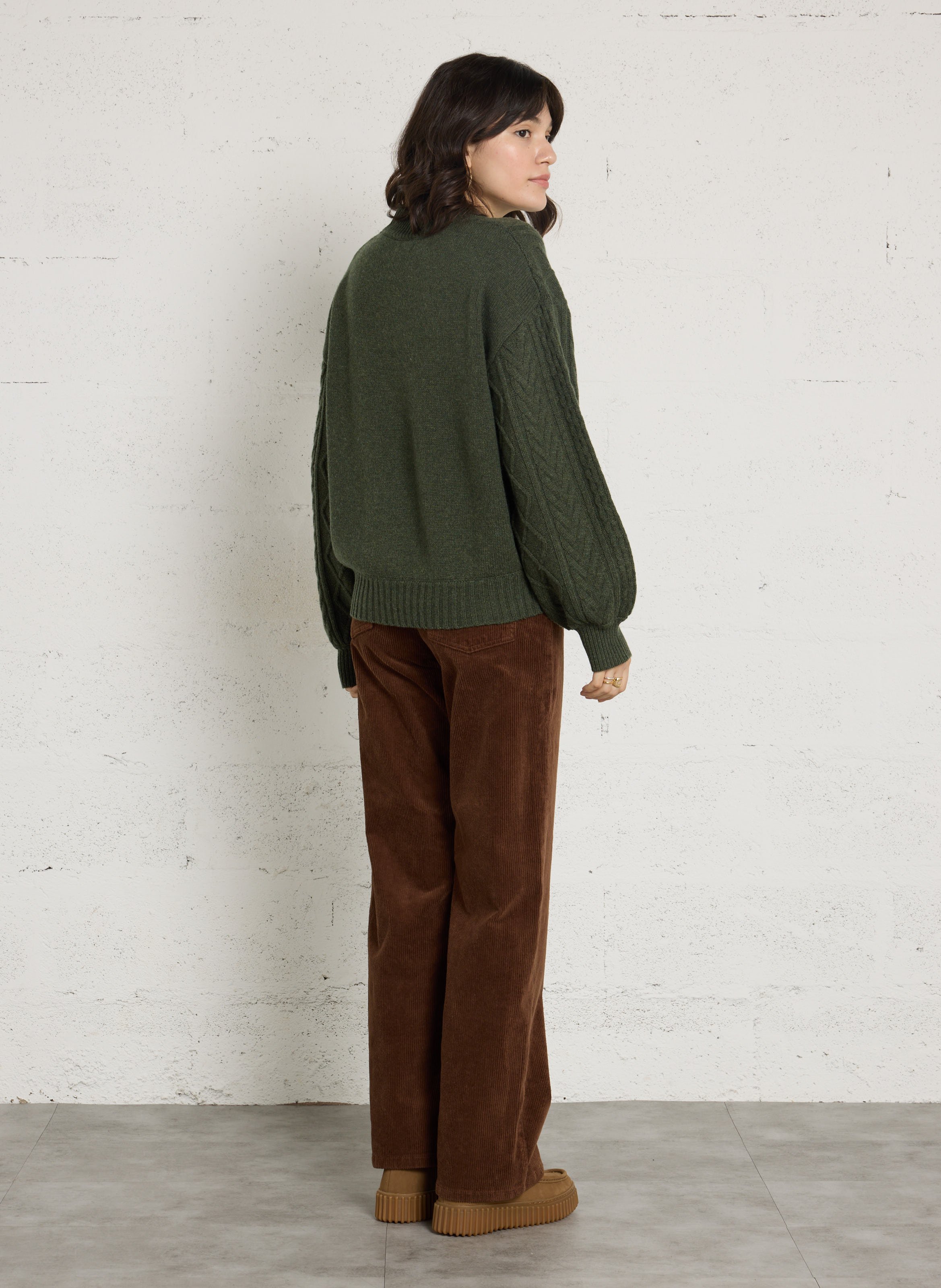 Pull col rond tressé en laine BENSIMON Kaki