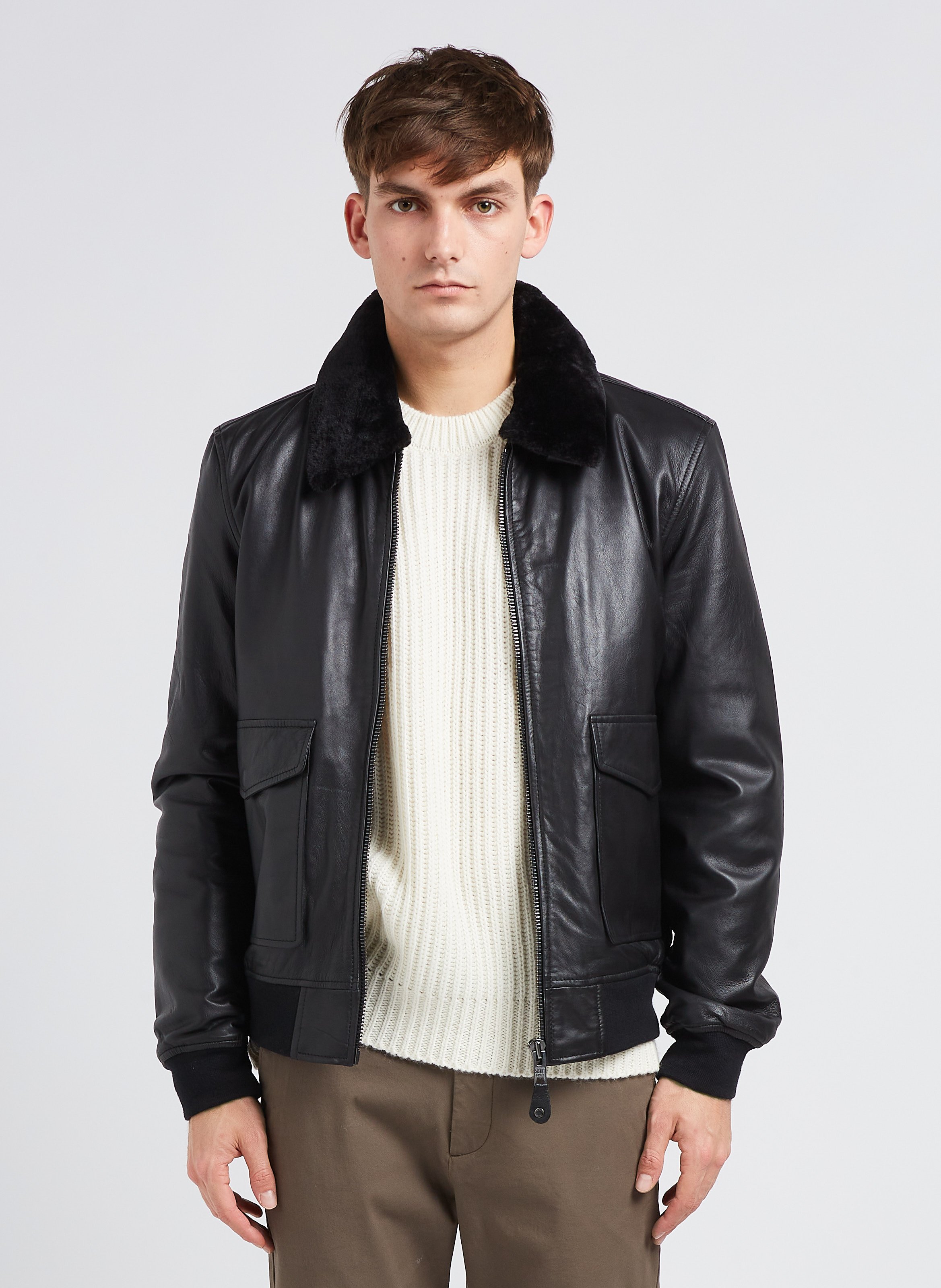 Schott shearling flight jacket outlet slim fit in black