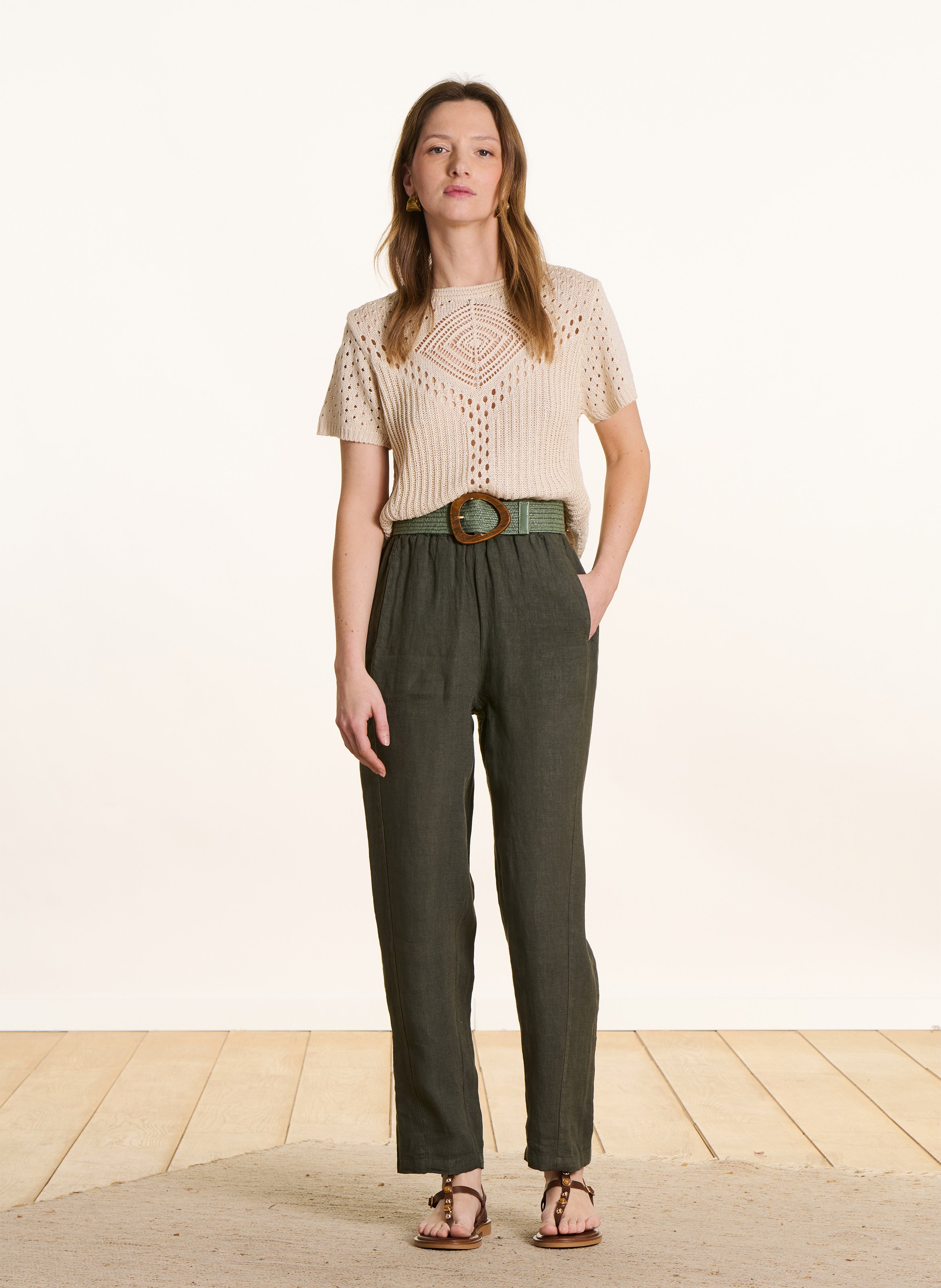 Pantalon carotte taille haute en lin LA FEE MARABOUTEE Vert