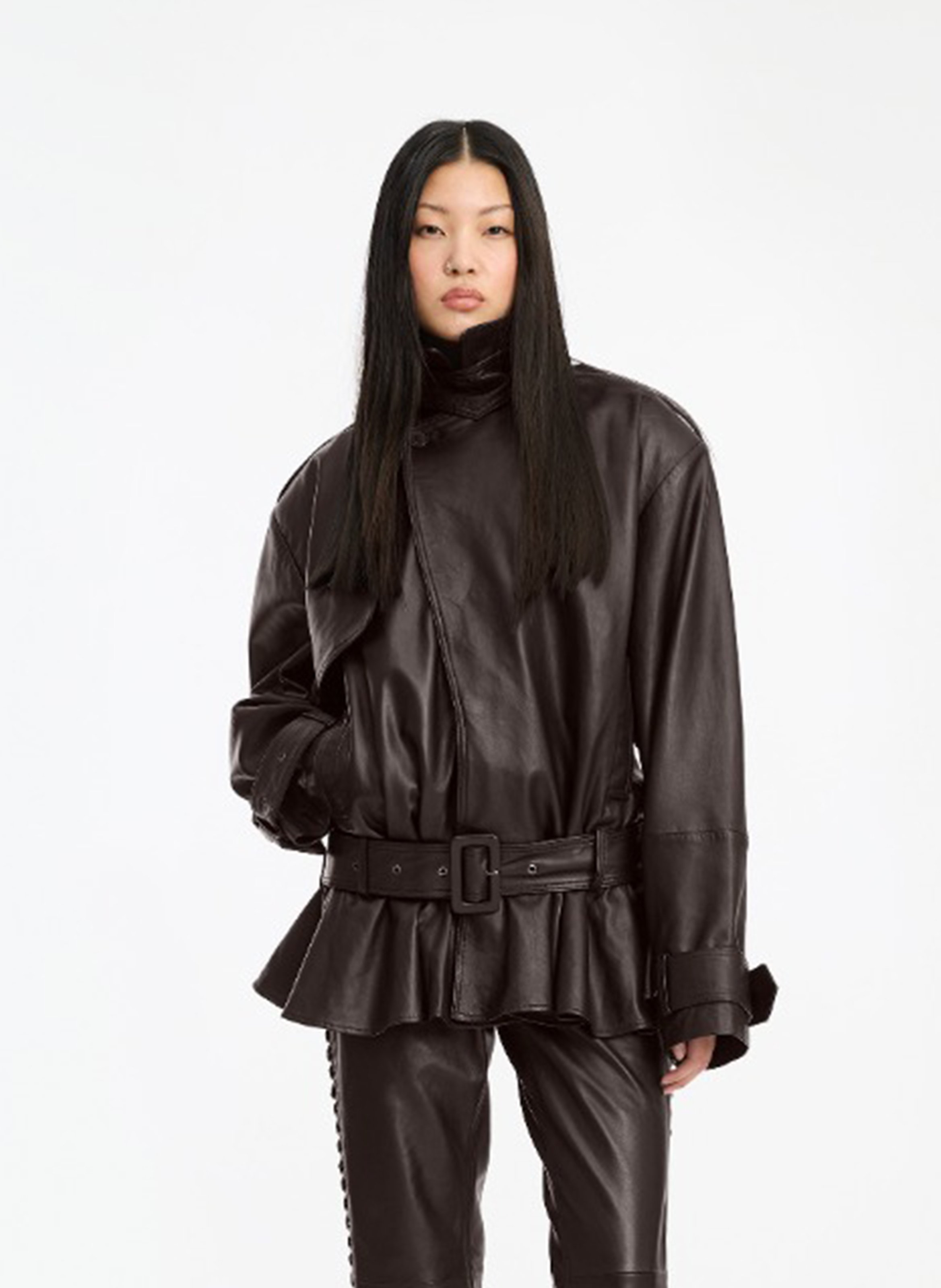 Oversized leather jacket with ruffles ROTATE Brown
