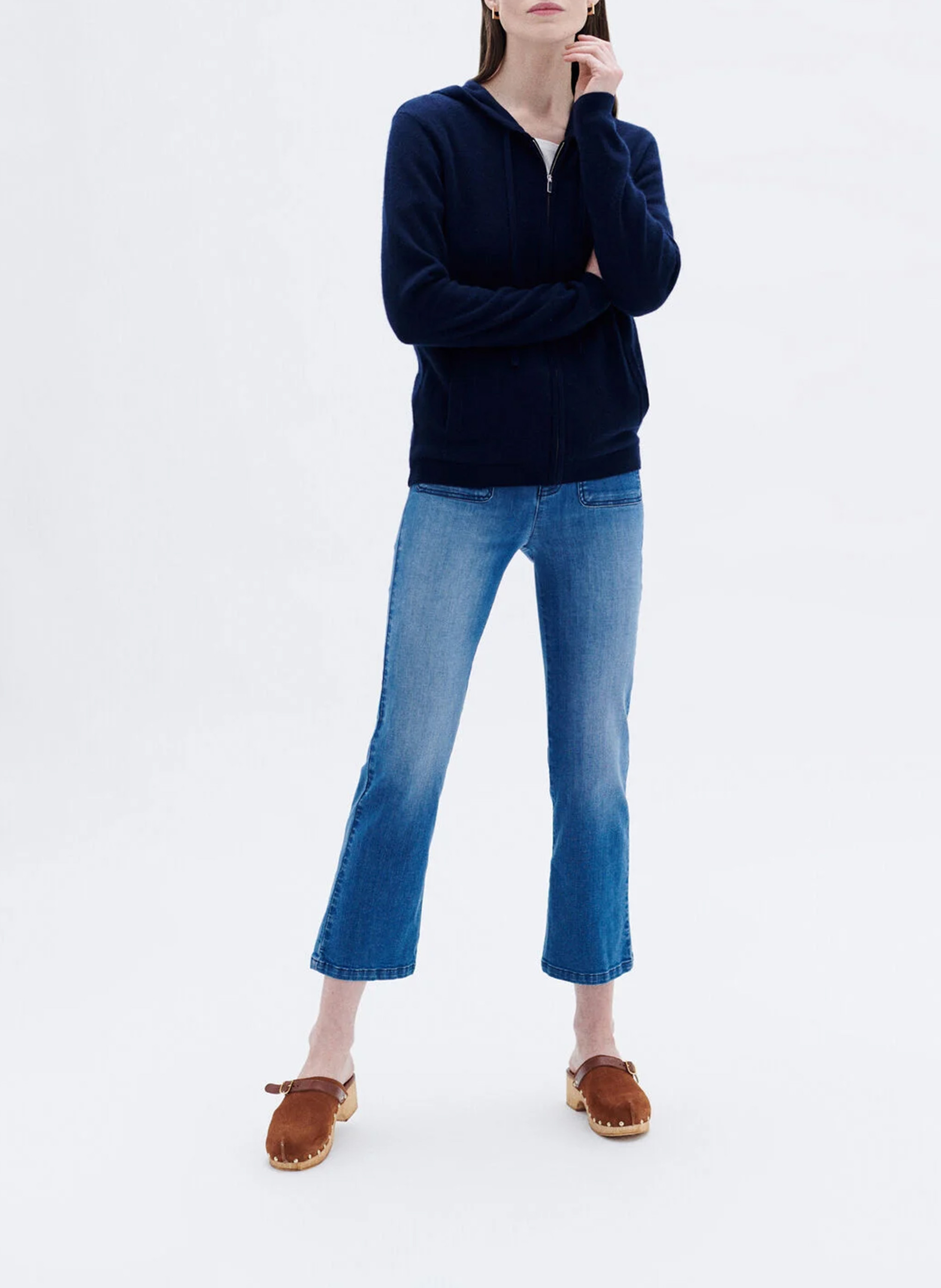 Straight wool and cashmere hooded cardigan CAROLL Blue