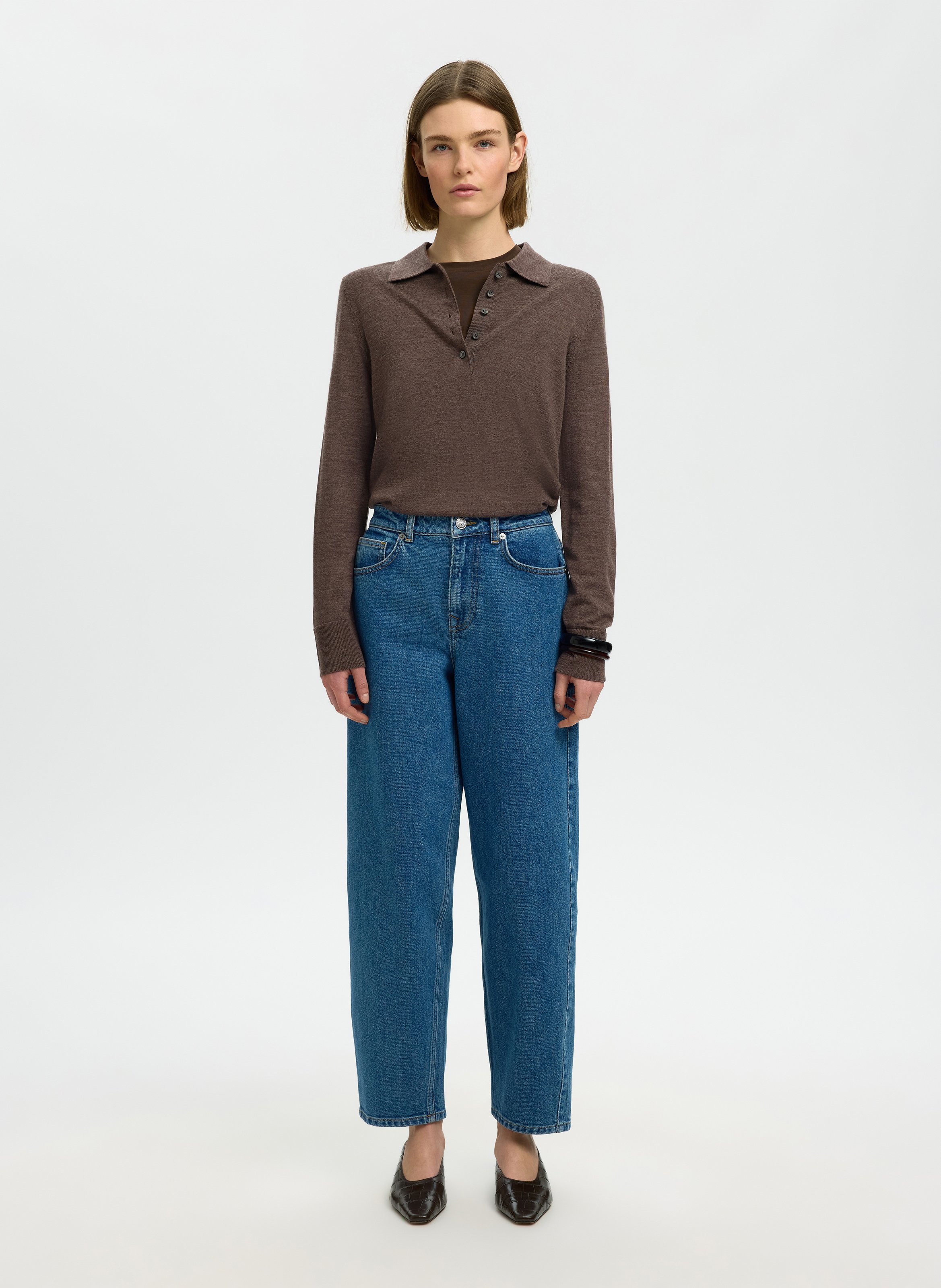 Langarm-Poloshirt aus melierter Wolle SELECTED Braun