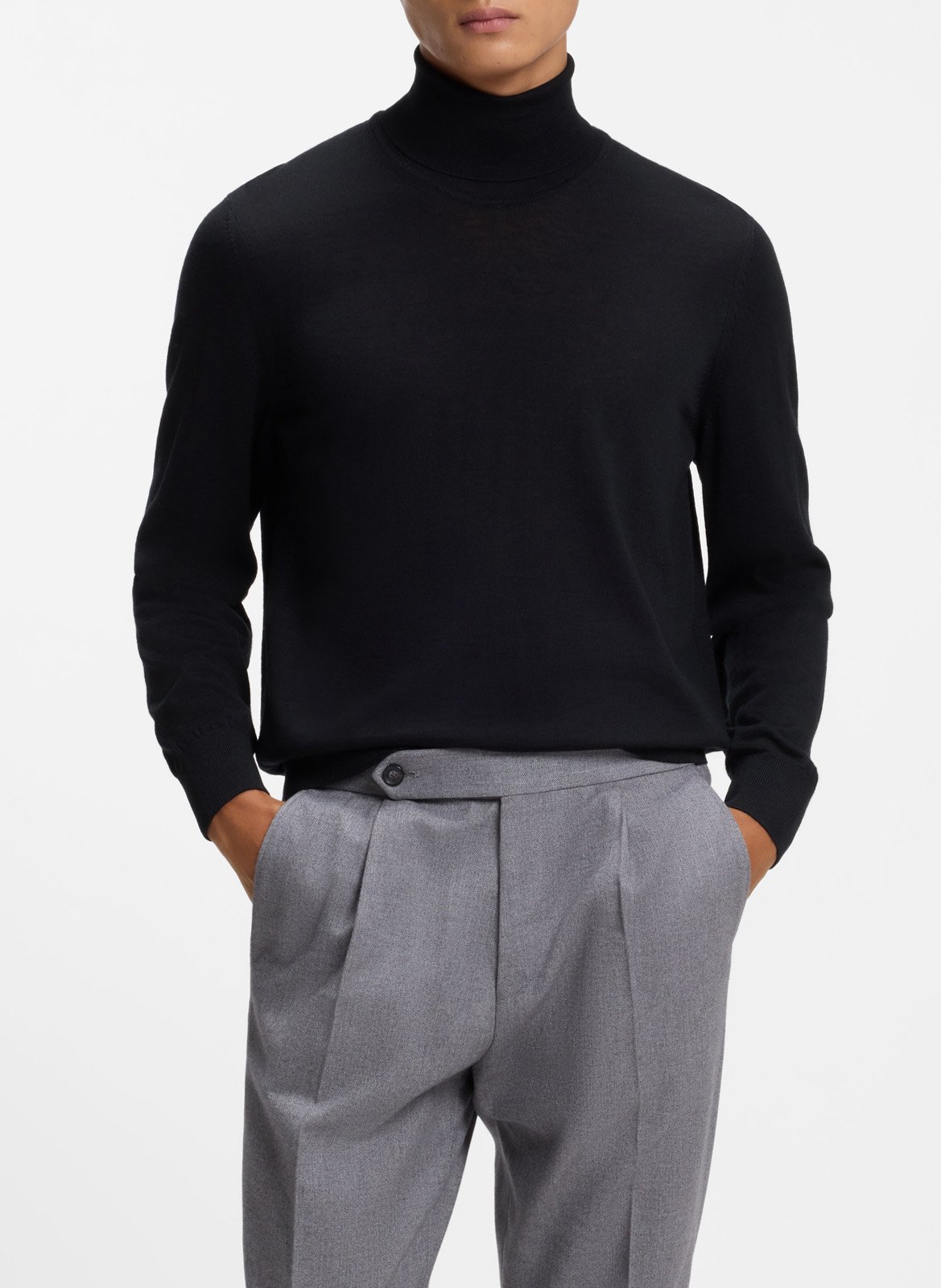 Pull slim col roulé en laine BOSS Noir