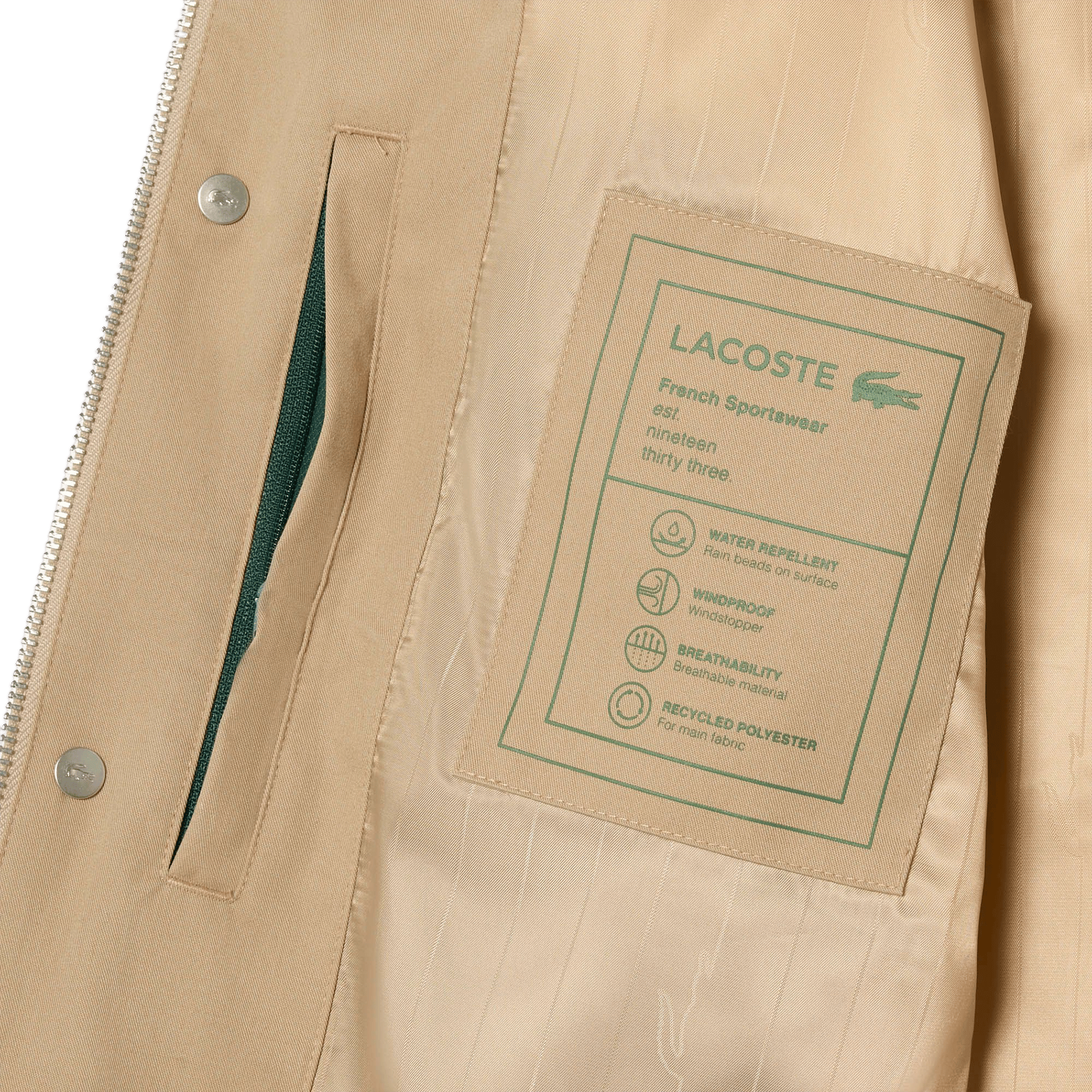 Straight Fit Water-Repellent High Collar Jacket LACOSTE Beige
