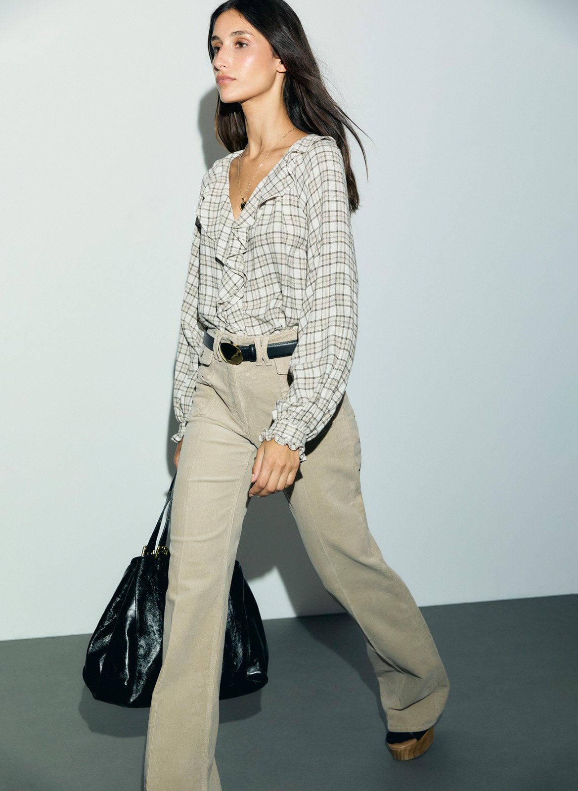 V-neck checked shirt with ruffles GERARD DAREL Beige