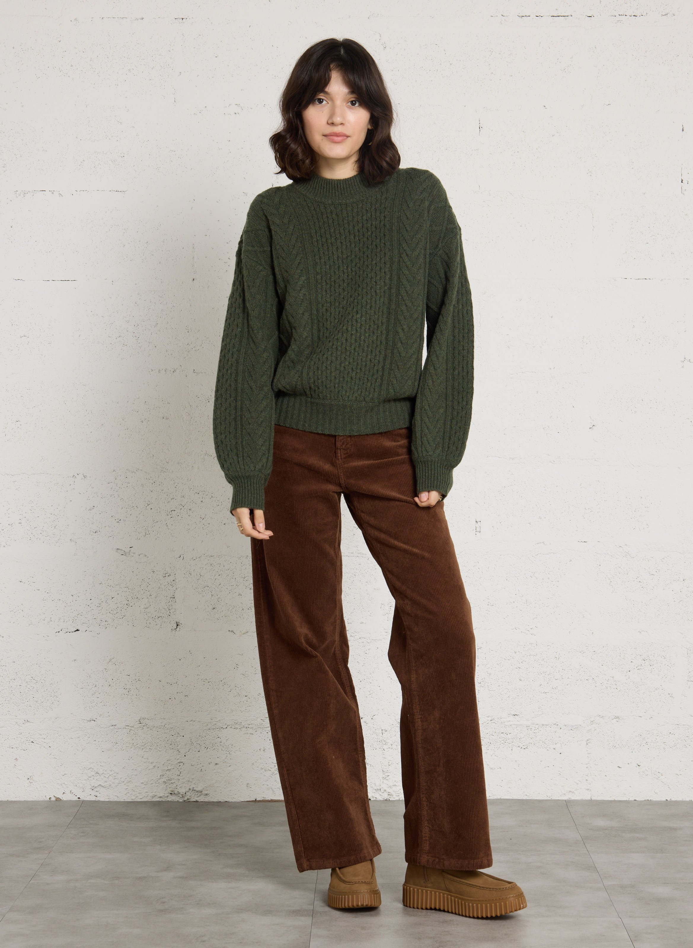Pull col rond tressé en laine BENSIMON Kaki