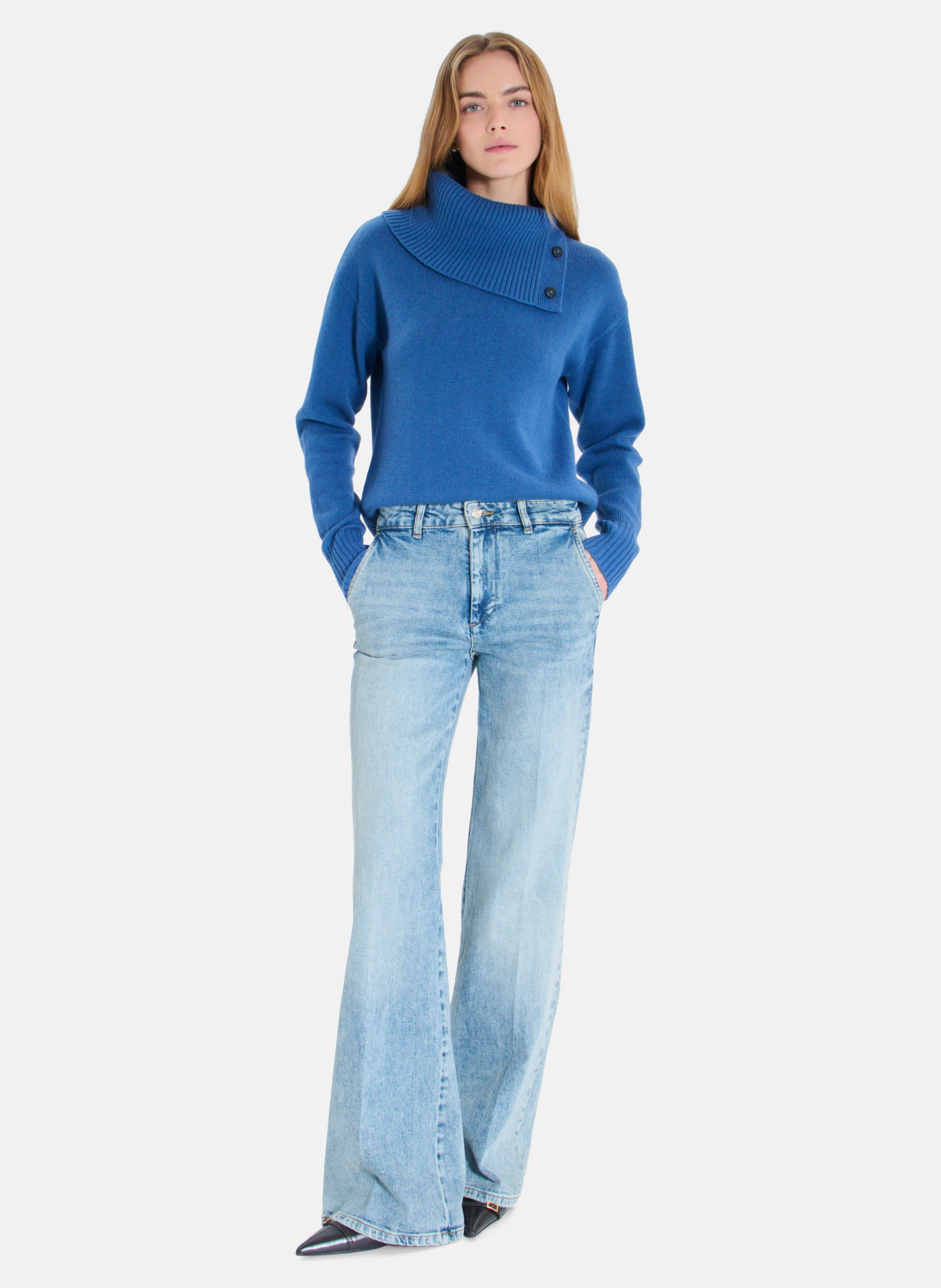 Pull col roulé boutonné en laine ZAPA Bleu