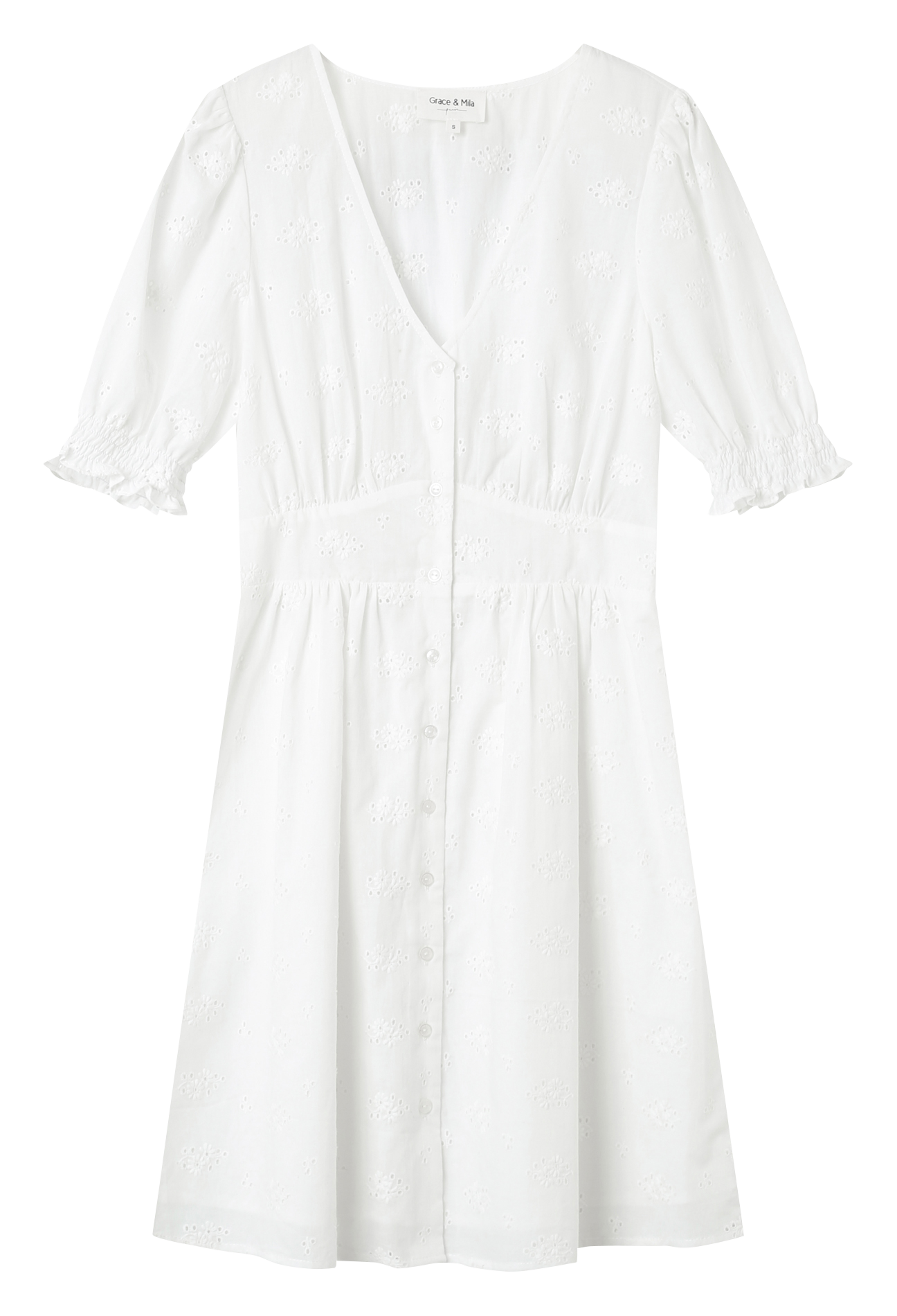 Robe courte col V en coton brodé GRACE ET MILA Blanc