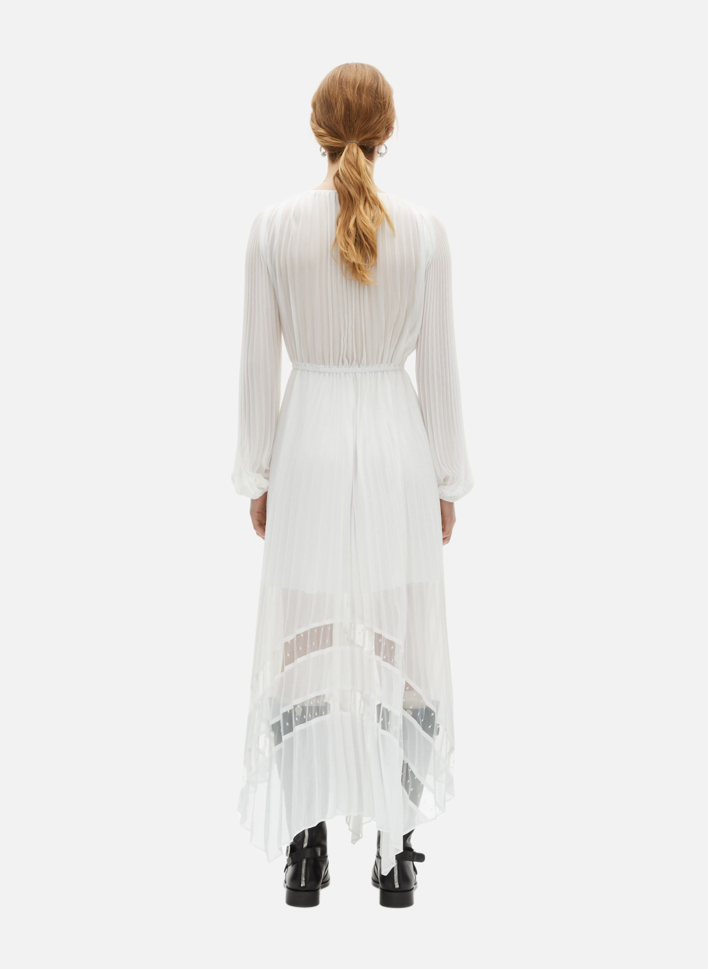 Long fluid dress with lace detail Beige