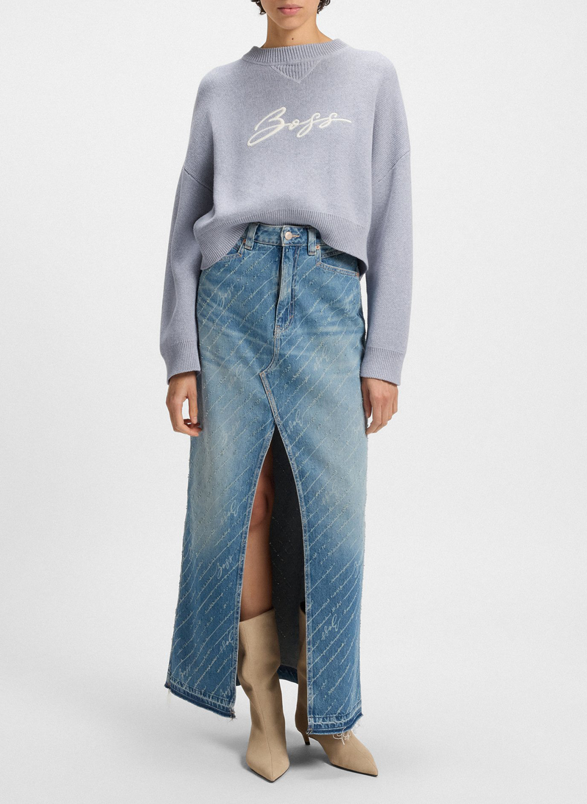 Pull droit en maille à broderie logo BOSS Argent