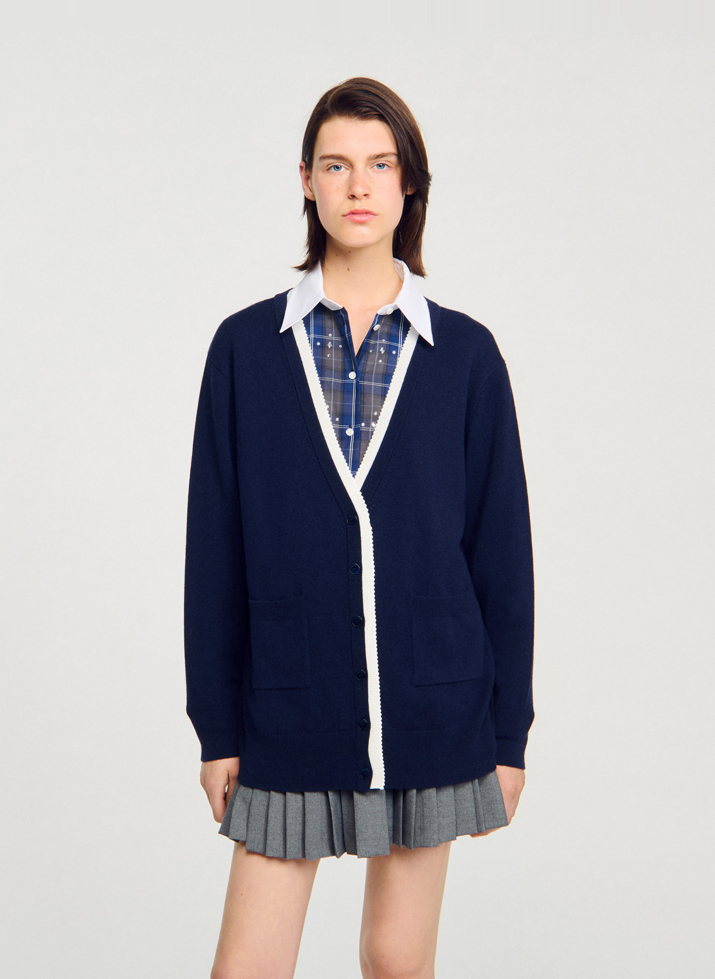 Gilet col v en laine mélangée SANDRO Bleu