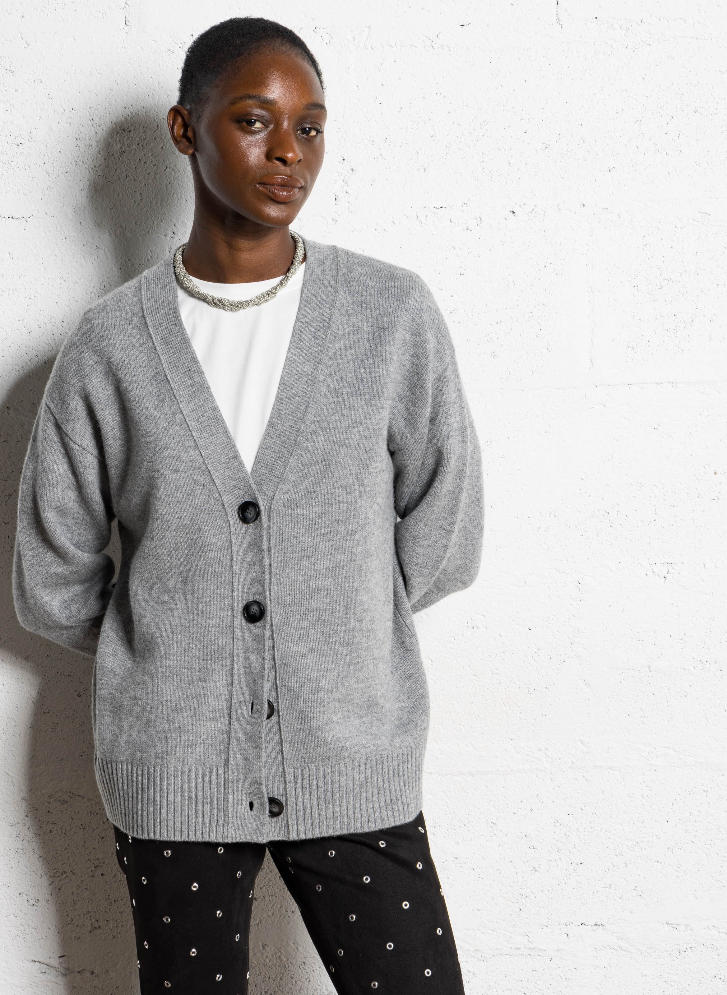 Strickjacke aus Wolle mit V-Ausschnitt BERENICE Grau