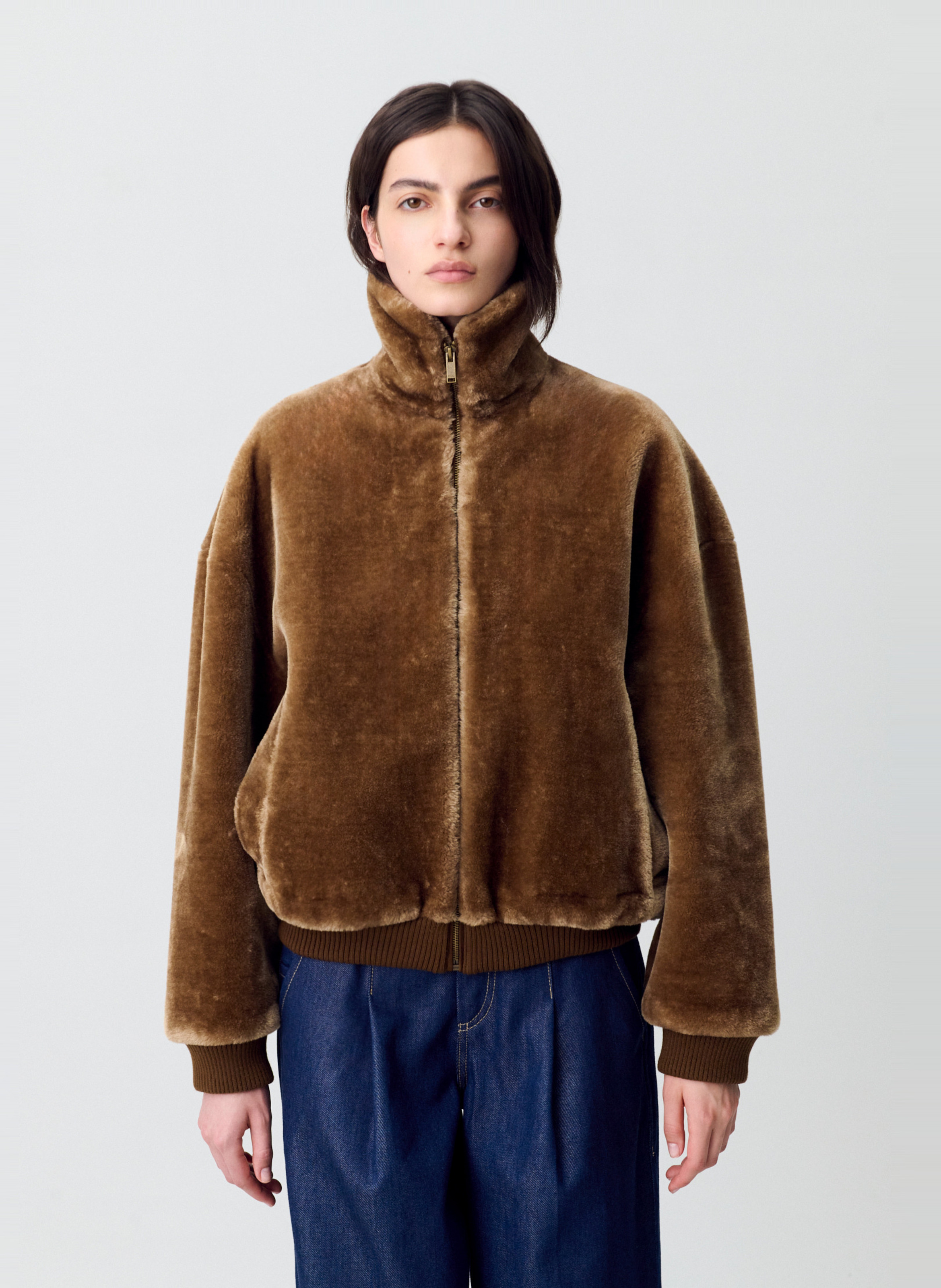 Veste droite col montant en fourrure synthétique CLAUDIE PIERLOT Marron