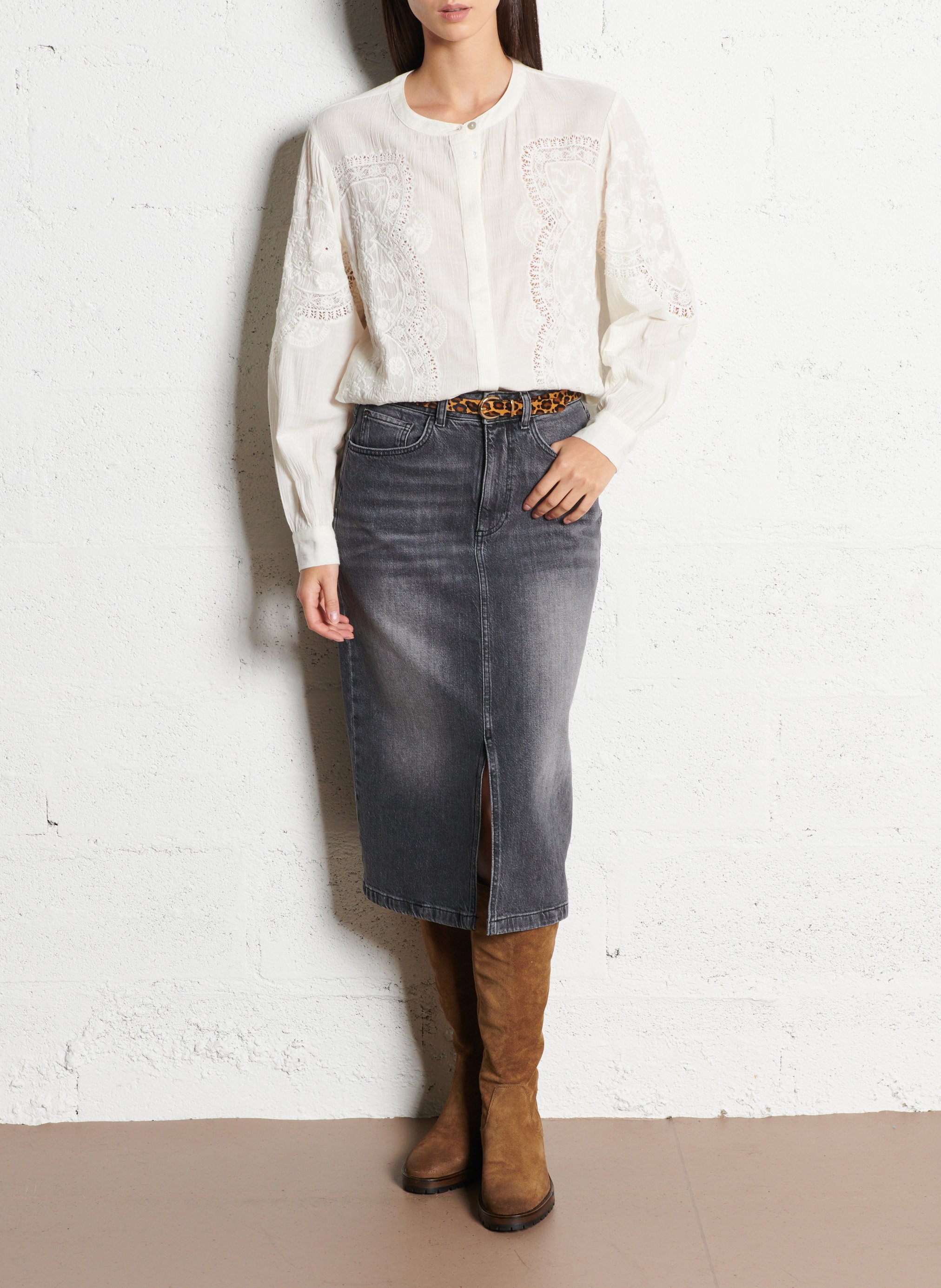 Jupe midi droite en denim stretch MAISON 123 Gris