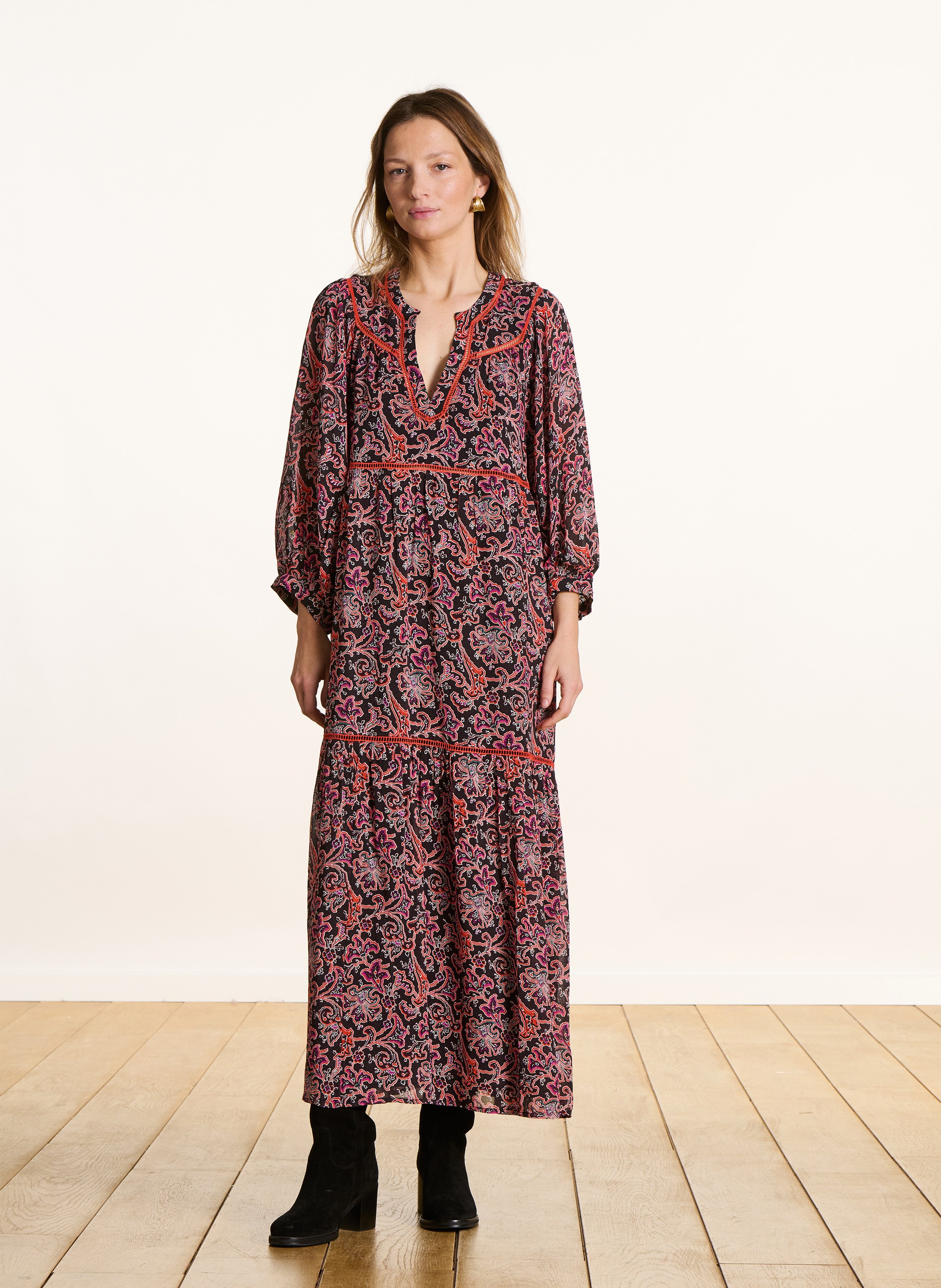 Long printed dress with Tunisian collar LA FEE MARABOUTEE Multicolored