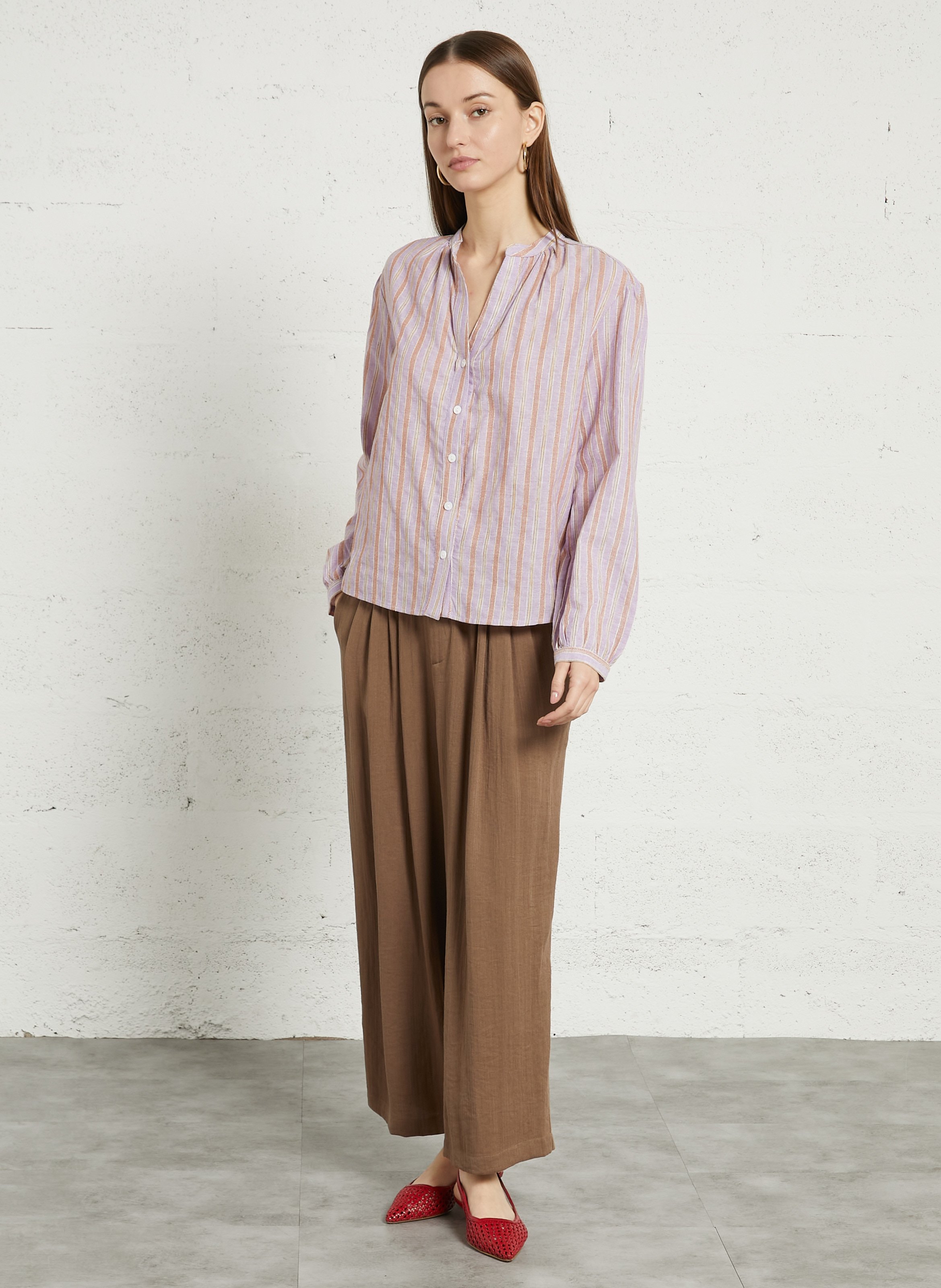 Blouse droite col V en coton rayé THE KORNER Violet