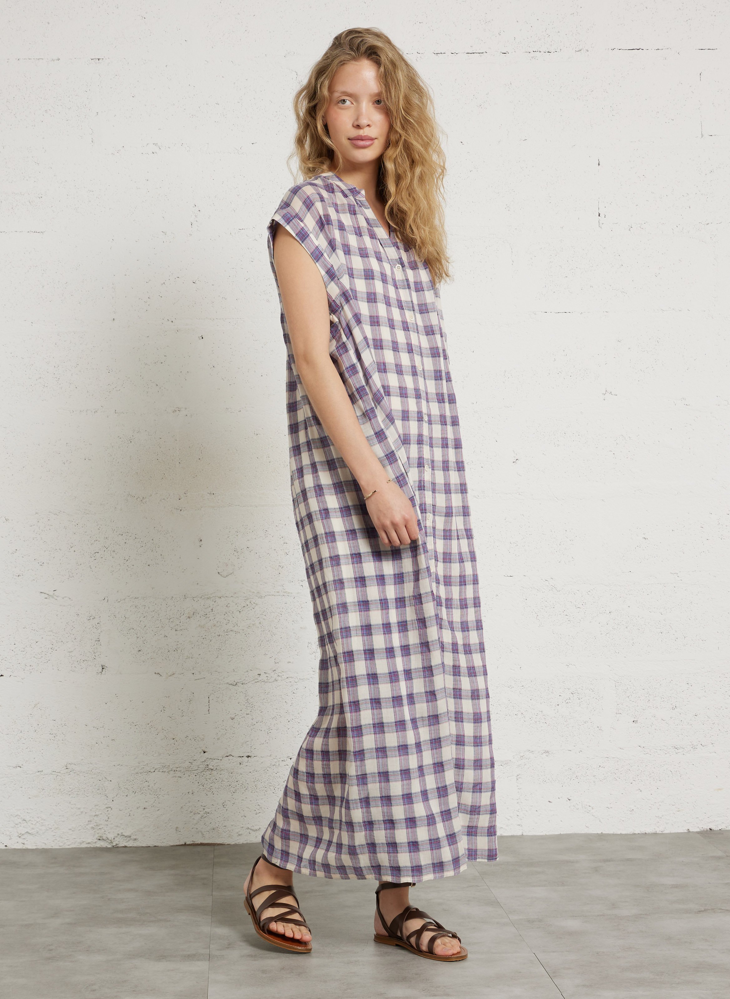 Robe longue col V en coton imprimé SEE U SOON Violet