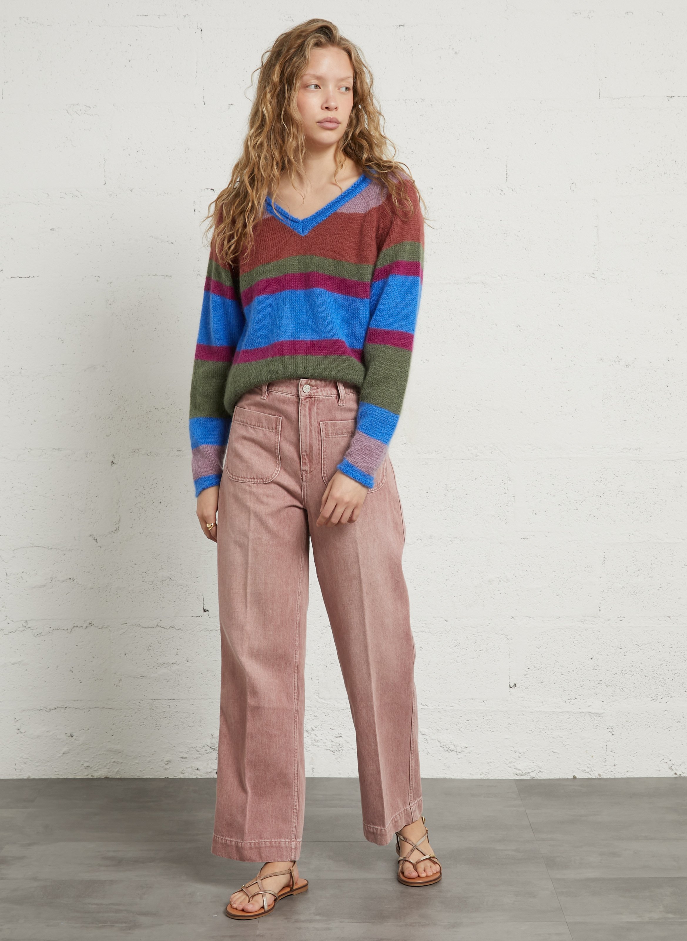 Striped mohair-blend V-neck sweater LEON & HARPER Multicolored