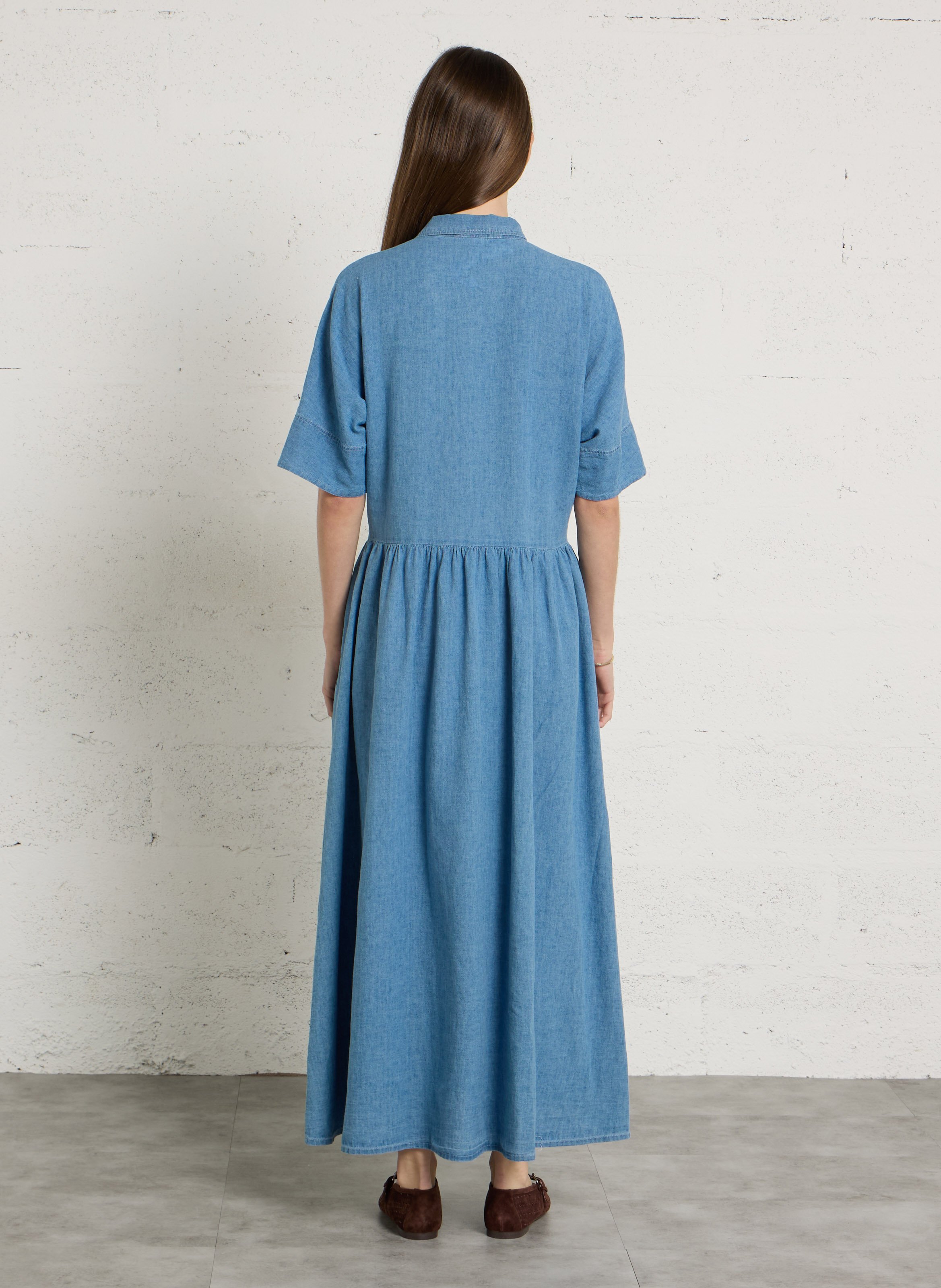Long dress with classic collar in blended linen SUZIE WINKLE Blue