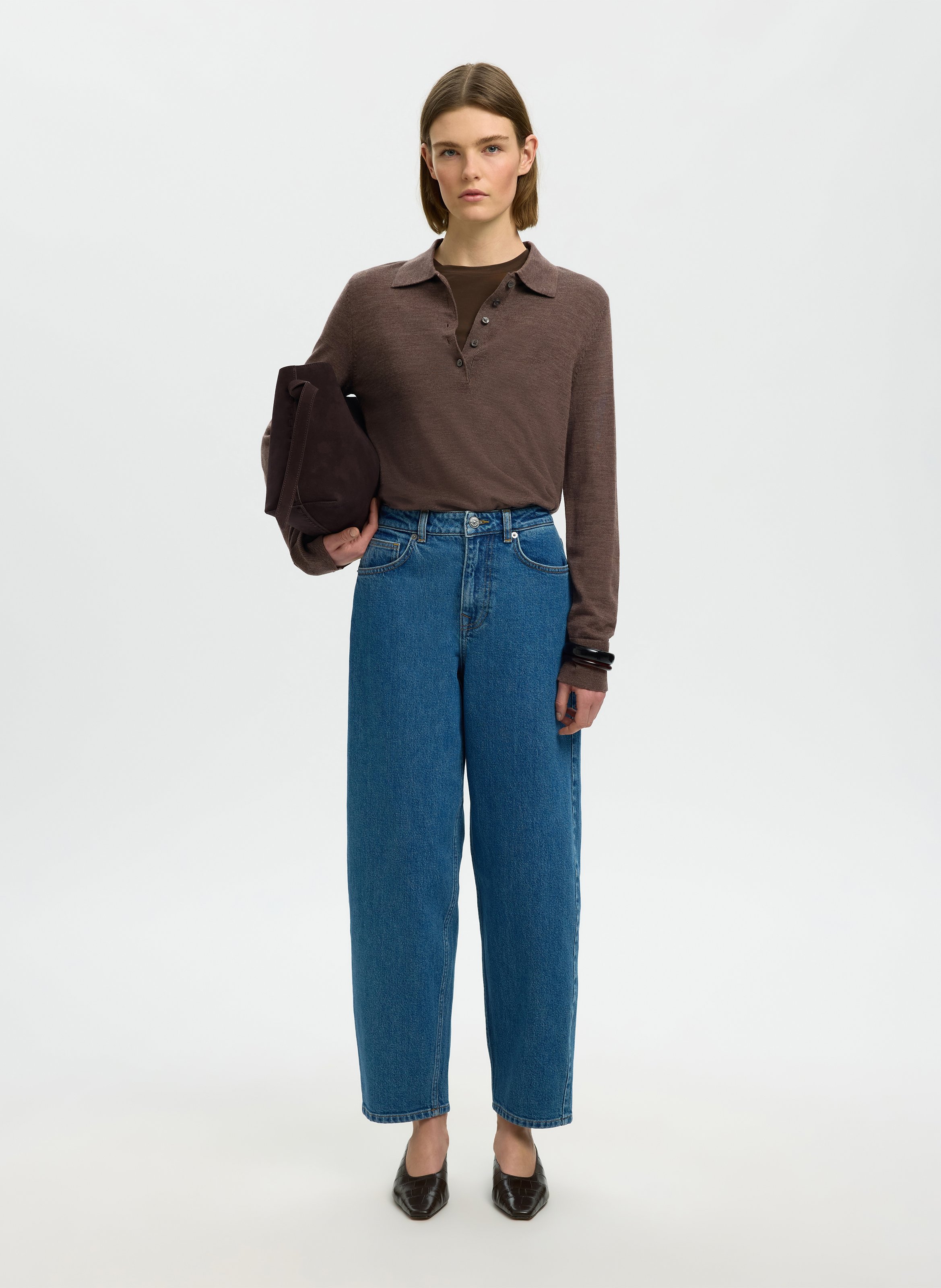 Langarm-Poloshirt aus melierter Wolle SELECTED Braun