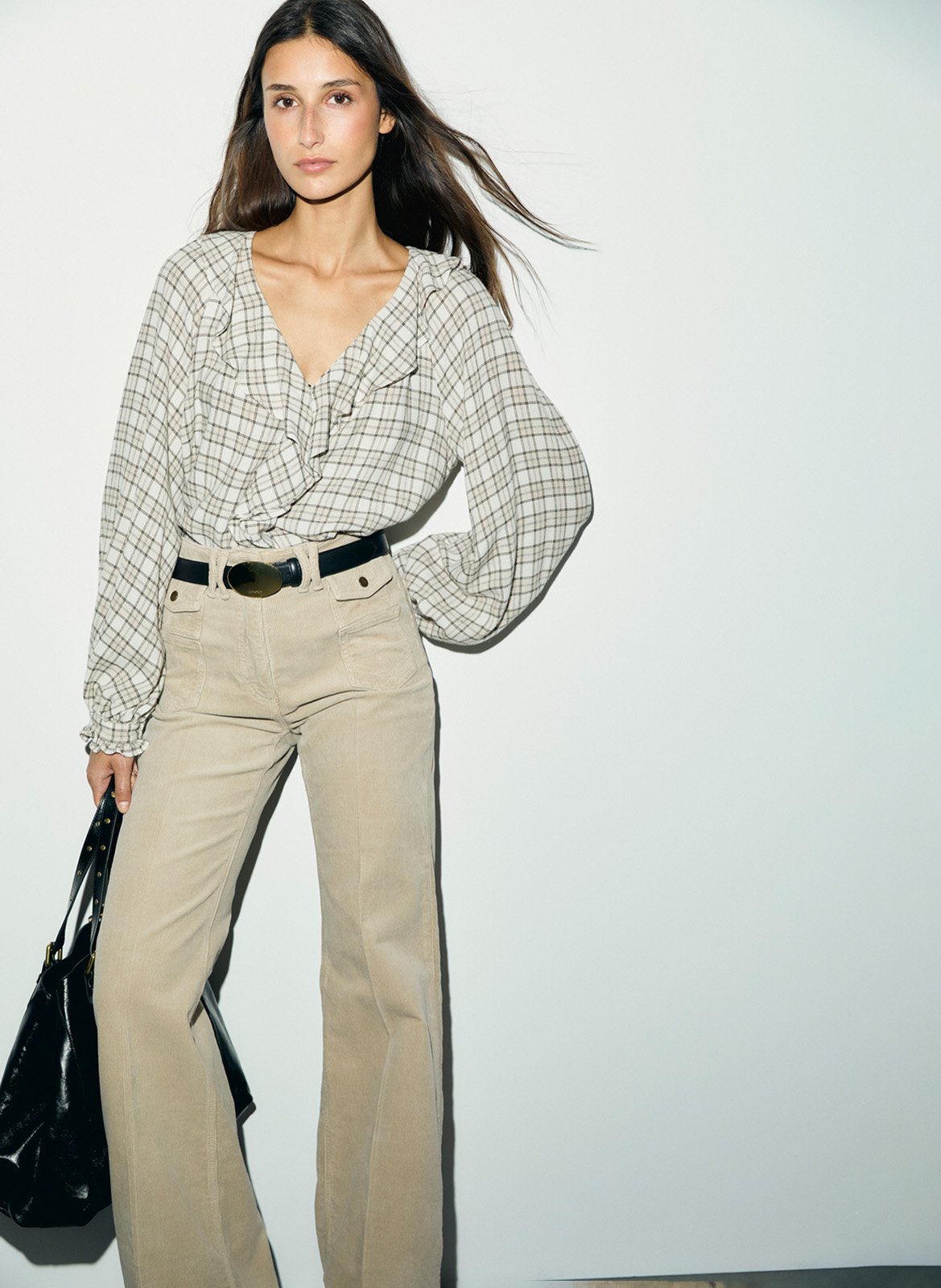 V-neck checked shirt with ruffles GERARD DAREL Beige