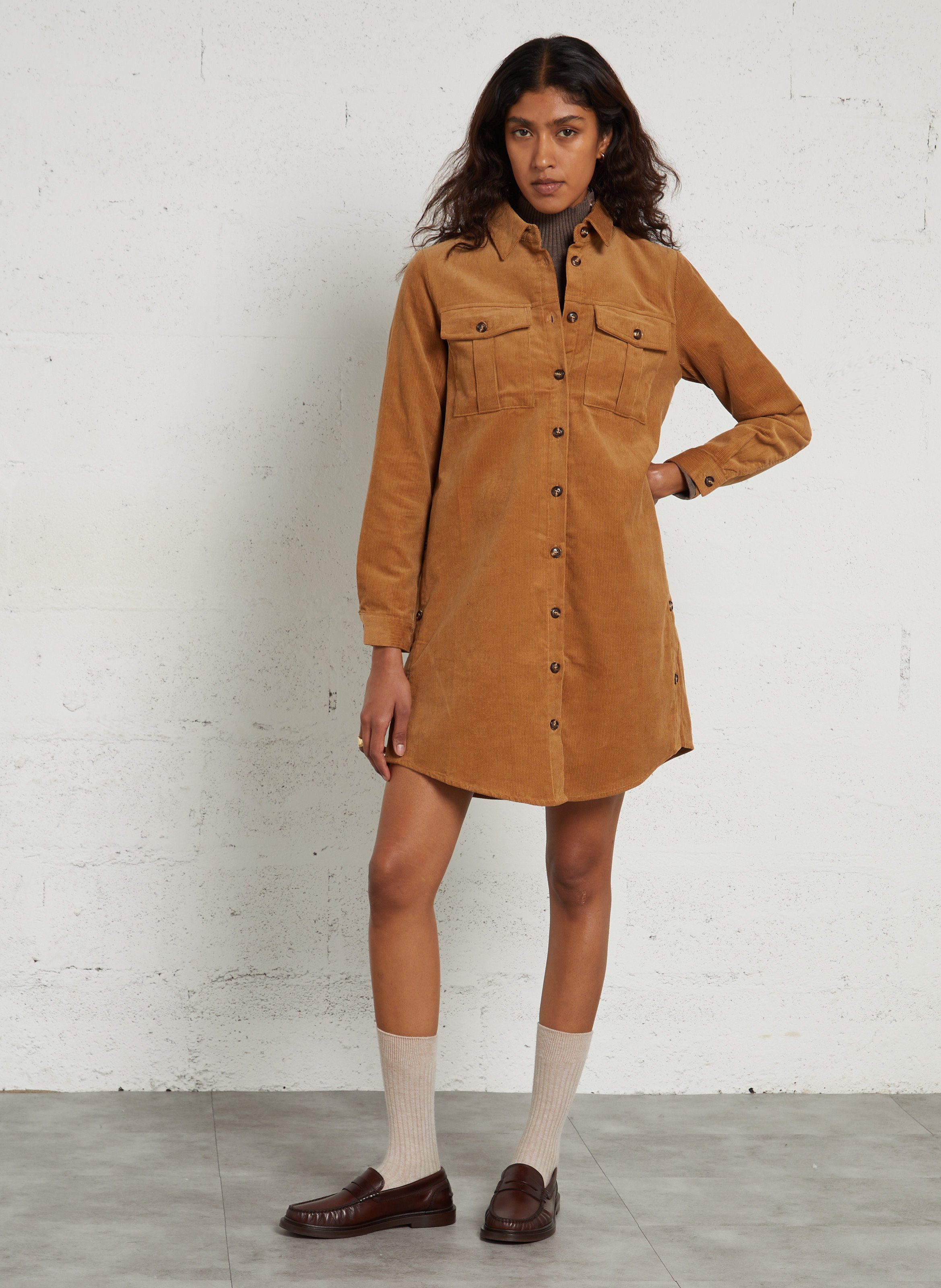 Robe courte droite côtelé en coton LA PETITE ETOILE Marron