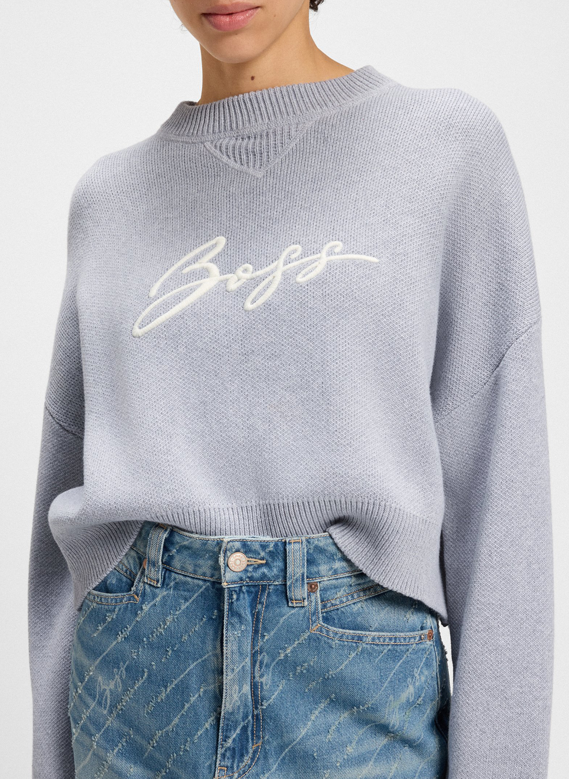 Pull droit en maille à broderie logo BOSS Argent