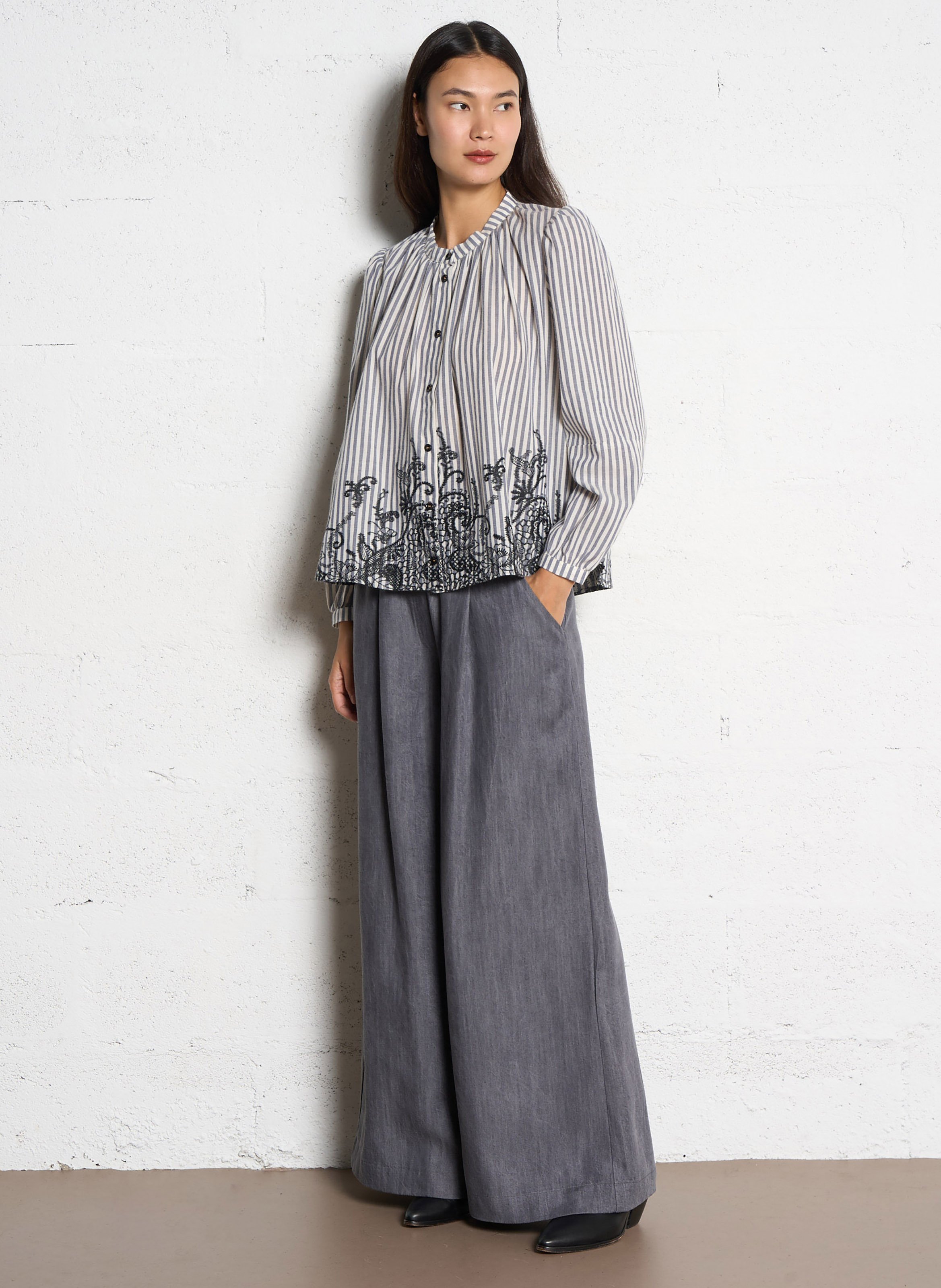 Chemise ample col mao en coton mélangé TINSELS Noir