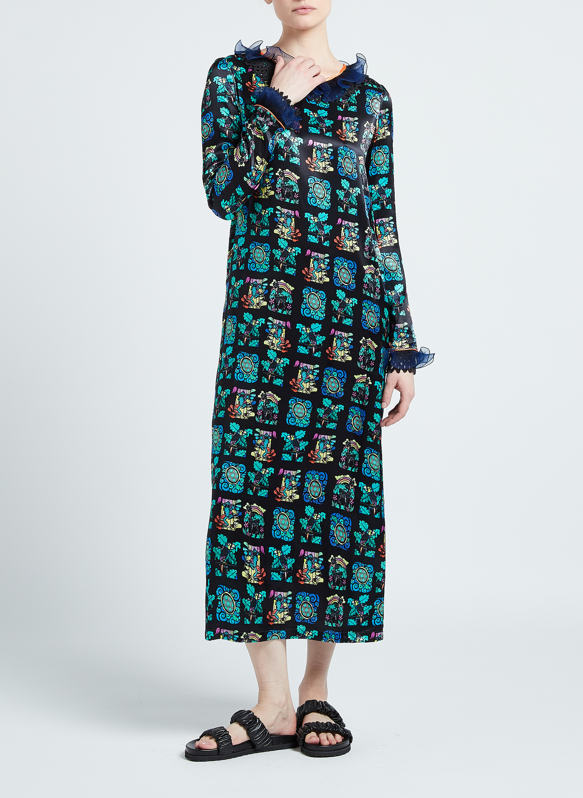 Flache geraffte Ledersandalen ANONYMOUS COPENHAGEN Schwarz