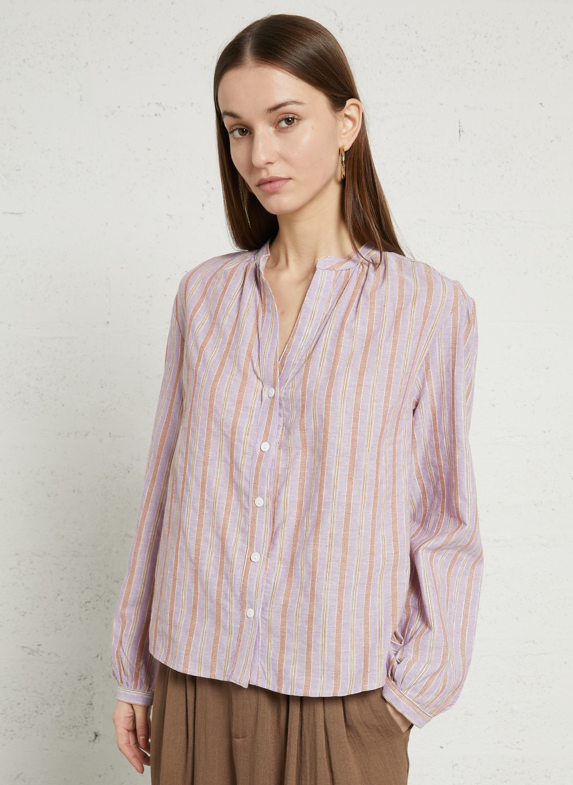 Blouse droite col V en coton rayé THE KORNER Violet