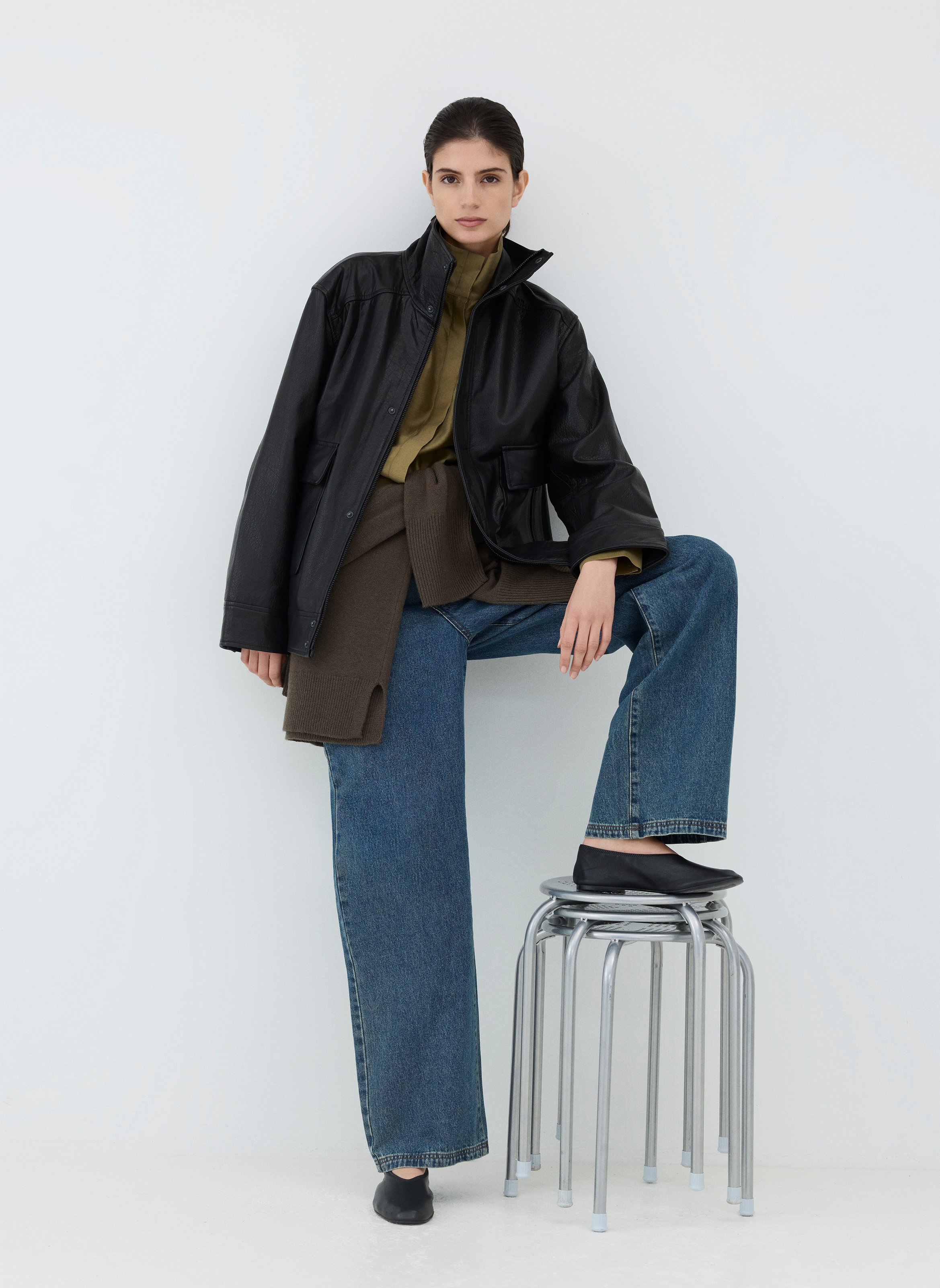 Blouson ample col montant en cuir ROUGE EDIT Gris