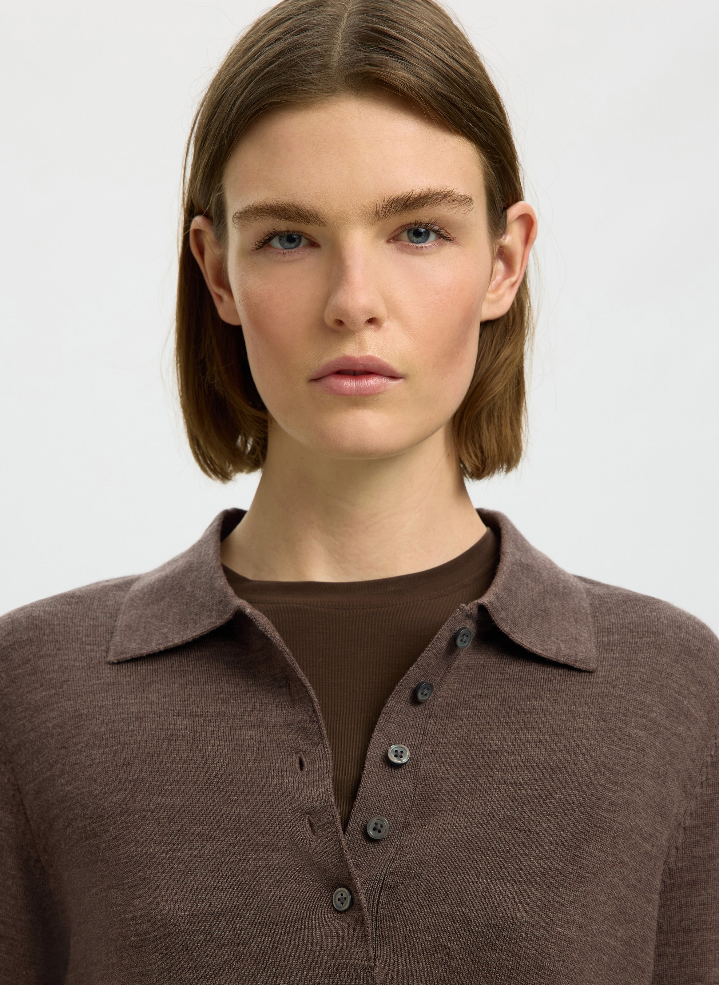 Langarm-Poloshirt aus melierter Wolle SELECTED Braun
